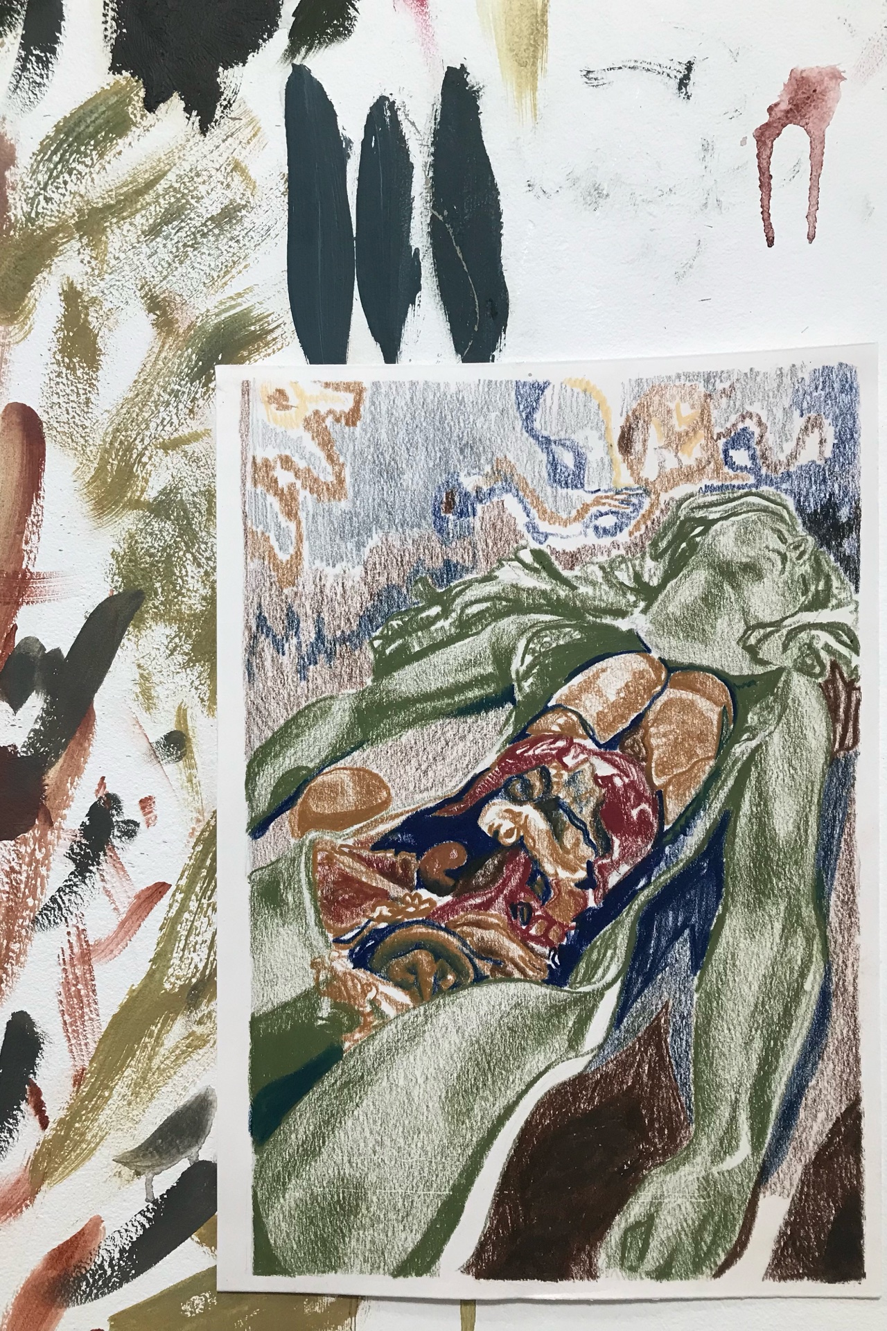 A crayon drawing of an model of a Anatomical Venus using an earthy colour pallet and set against a messy painted studio wall.