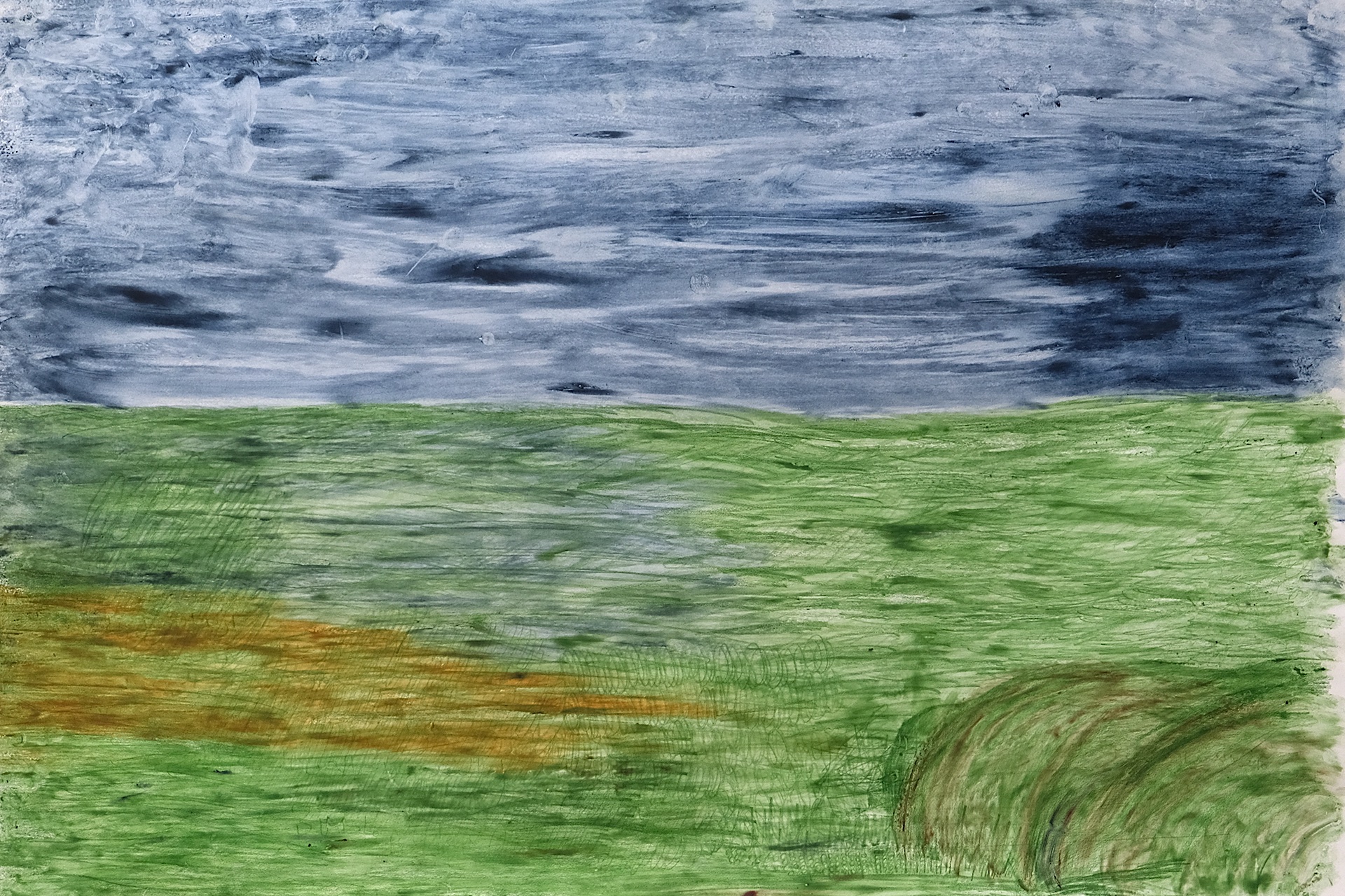 Impression of a landscape in green and blue palette. Medium used is beeswax crayons and colored pencils.