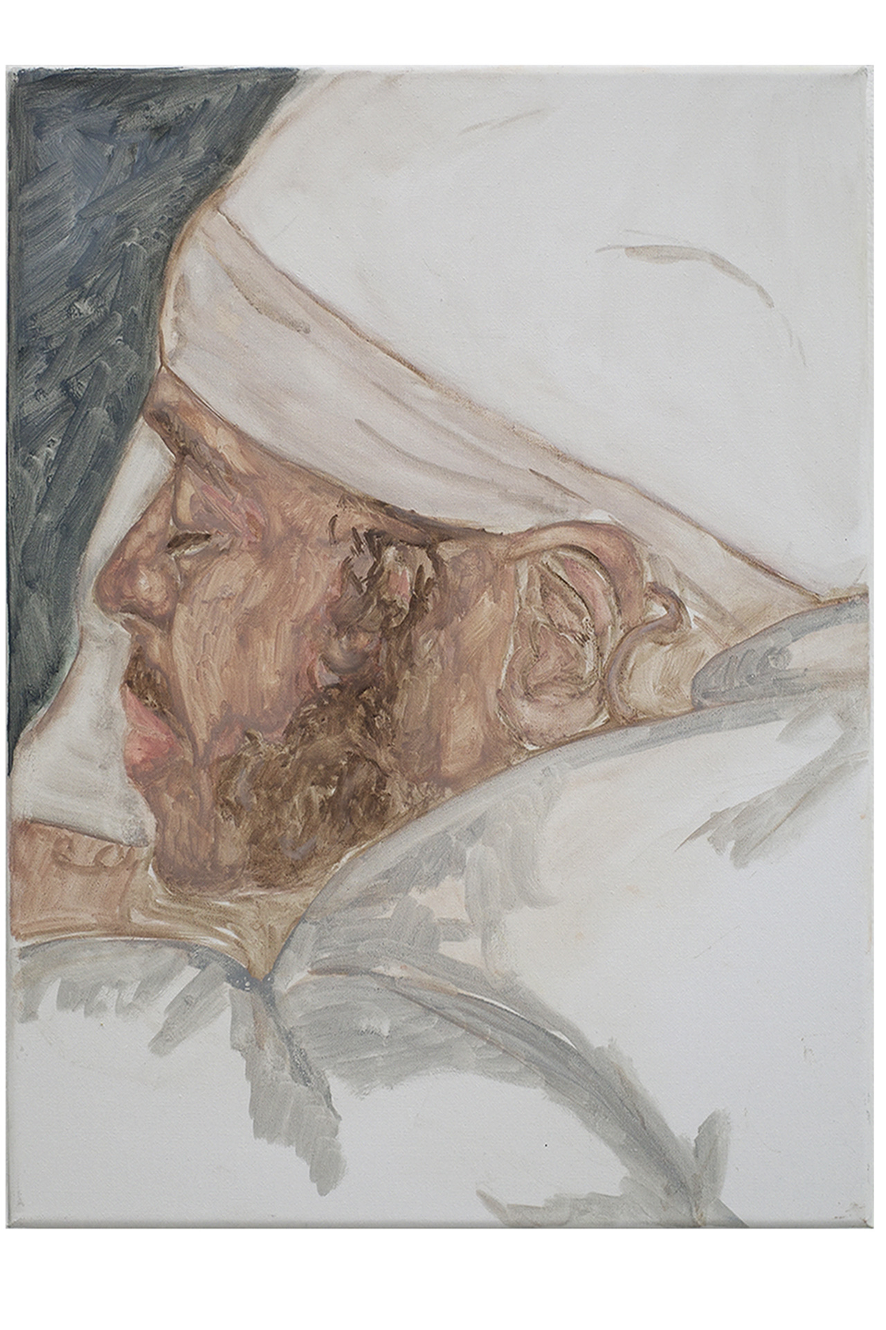 An oil painting of a figure in white clothing sleeping