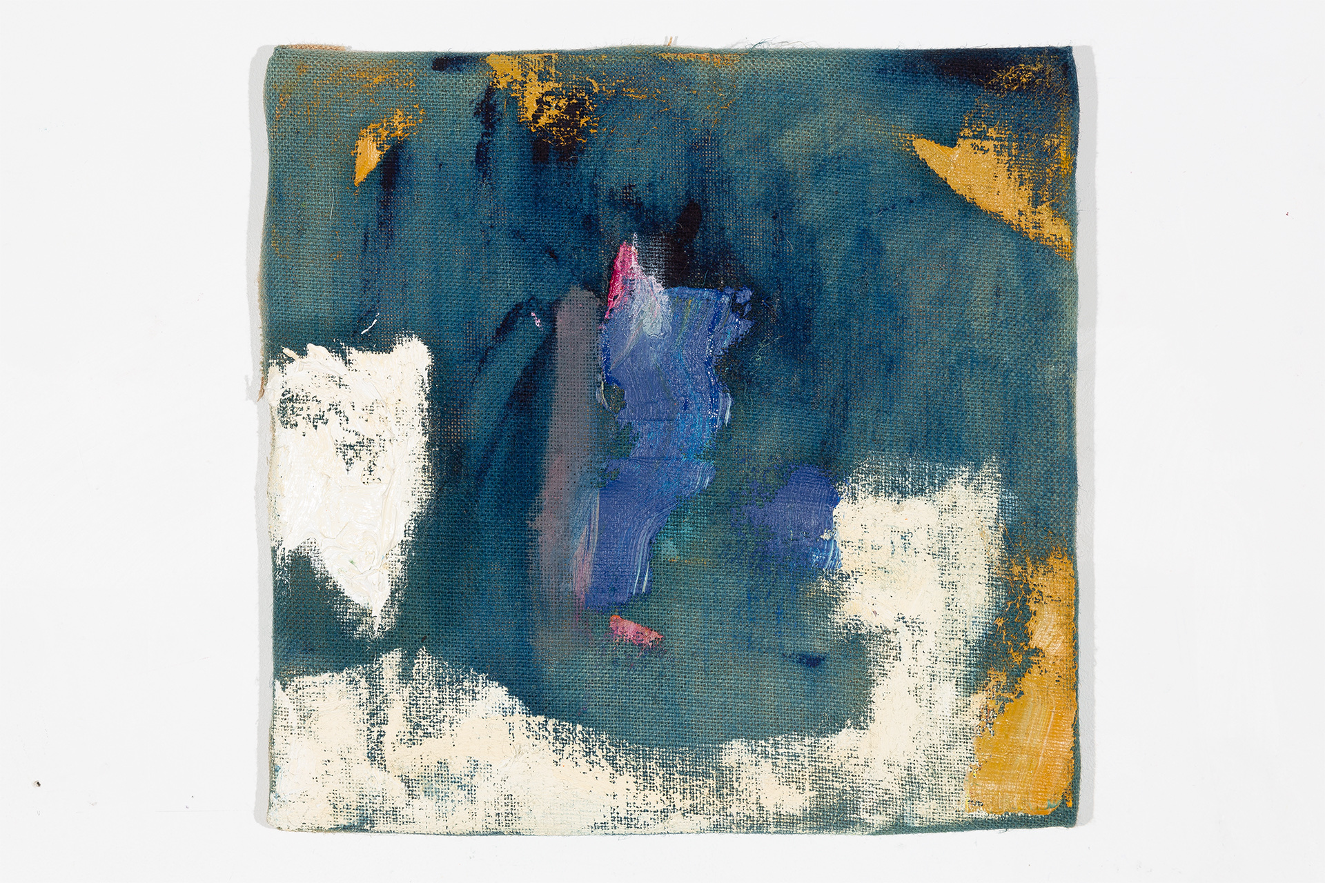 a square canvas, 40cm by 40cm with a blue background and brown pink and blue blocks of colour.
