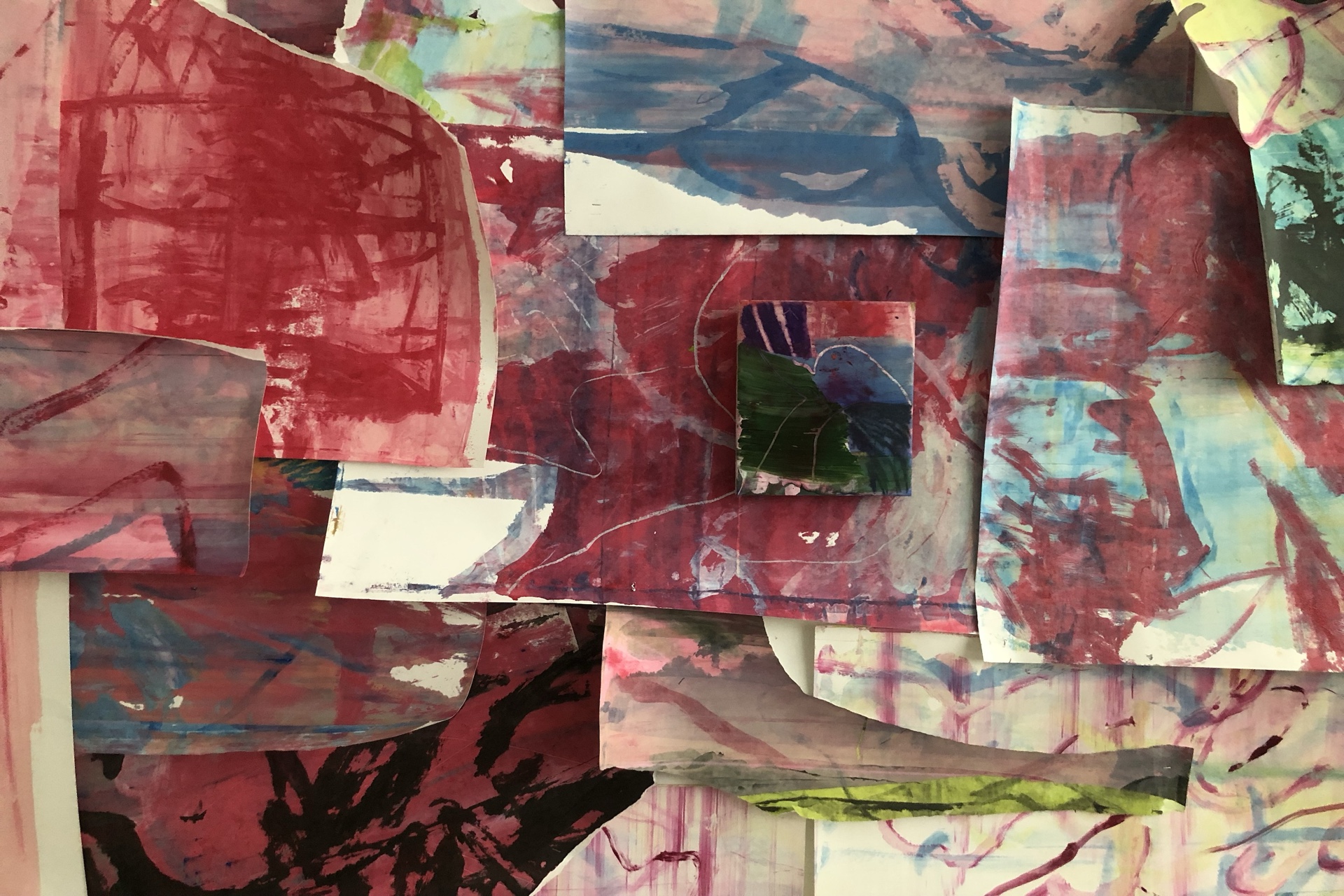 pastel, acrylic and resin on plywood set within a screenprint collage