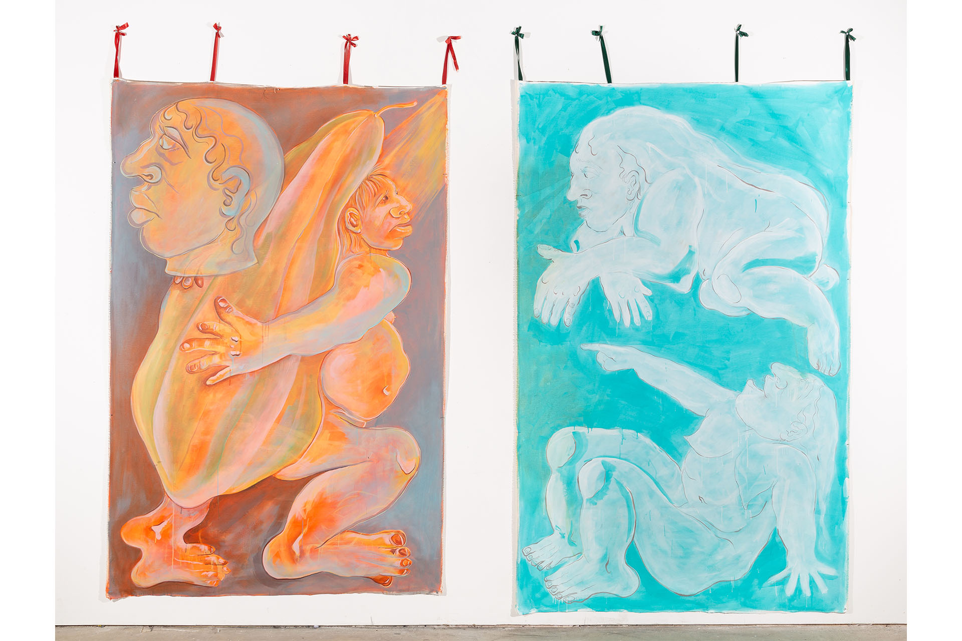 Two 150cm x 100cm canvas paintings with acrylic. One shows a figure holding a large vegetable on his back looking into the distance, the other sows two different figures in blue space somewhat mocking him. They are laughing and pointing.