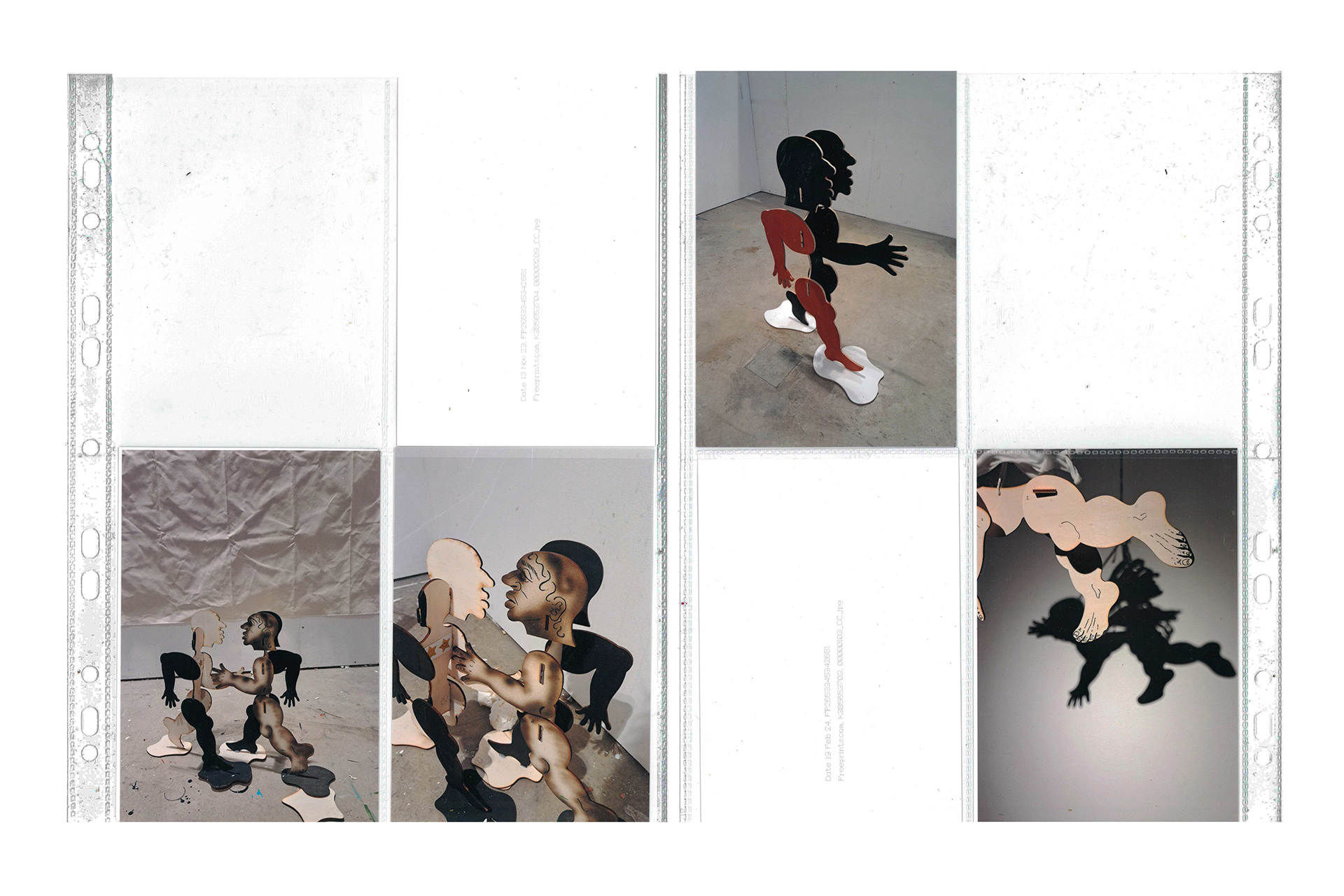 Two plastic office folder sleeves containing four images. All depict different scenarios of small 35cm wooden figures crossing paths in different directions, some flying some walking.