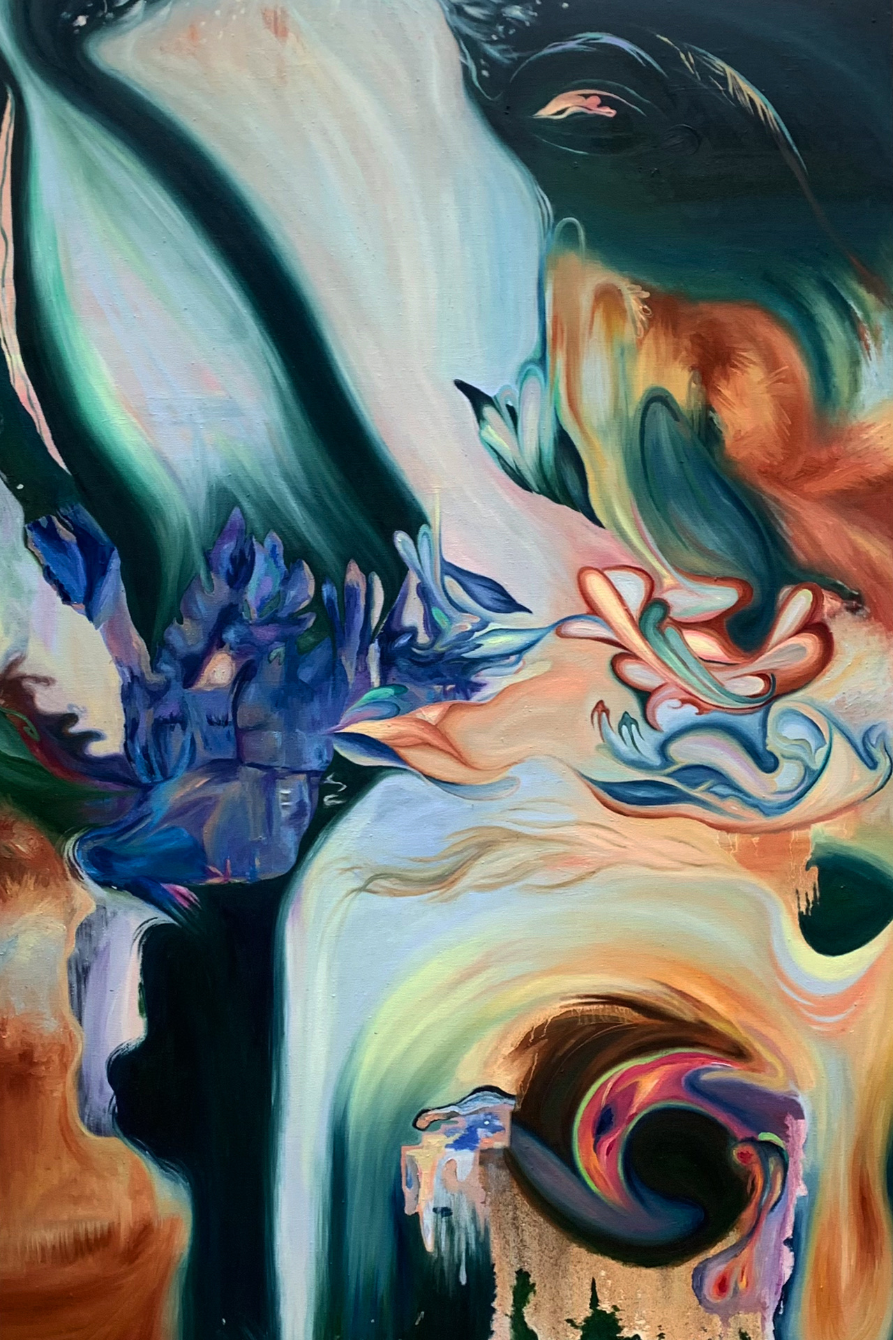This is a colourful abstract painting. In the centre of the left side of the picture, there is an irregular shape dominated by blue and purple. A deep green river flows from top to bottom. On the right side of the picture, there are many irregular shapes a