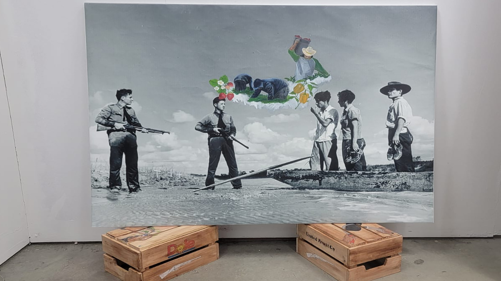 Printed photo on canvas roll of two border patrol agents, 3 migrant men, and 3 agricultural workers