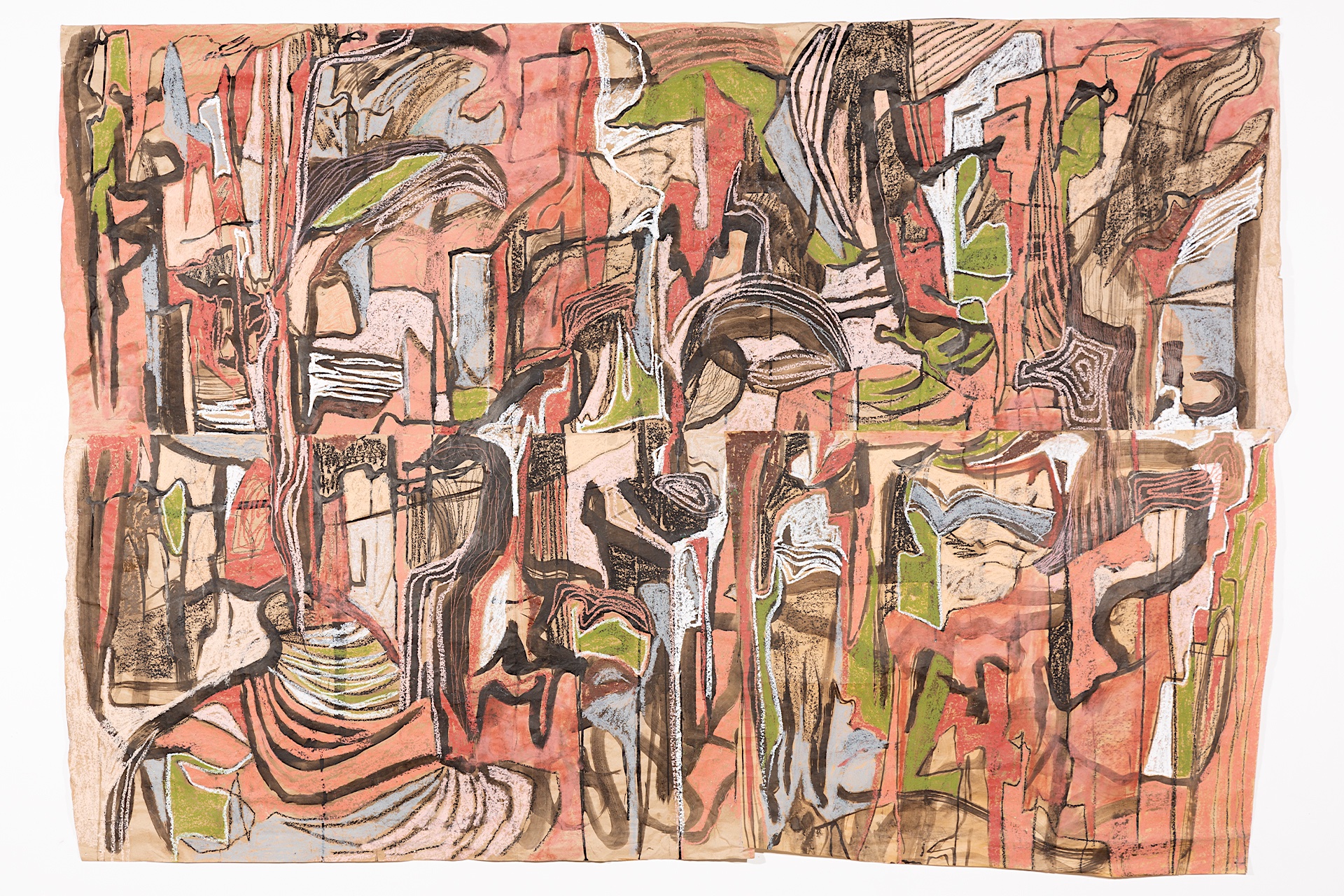 Large abstract drawing in pink and green
