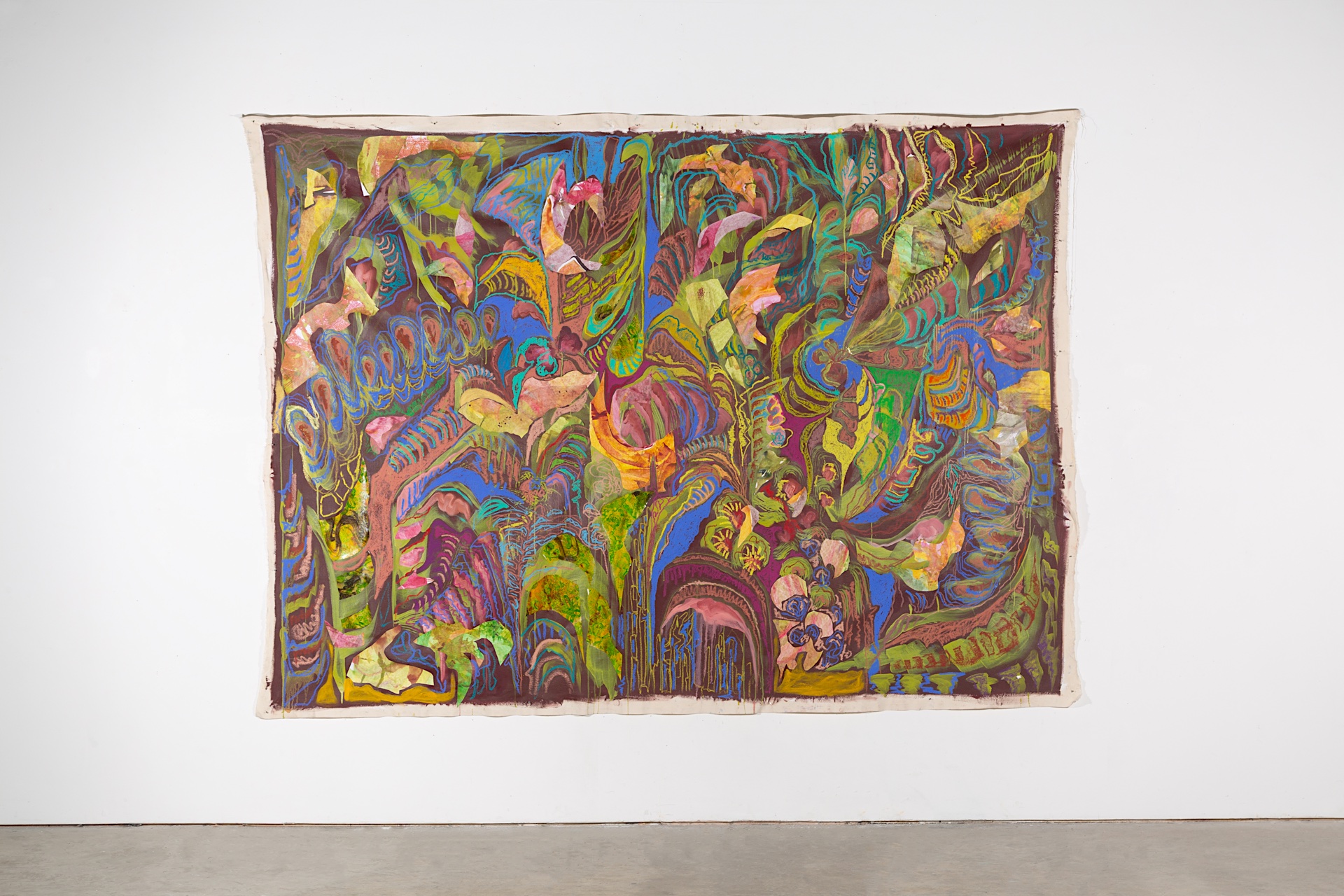 Large abstract canvas in maroon, blue, green, yellow and pink with elements of collage, drawing and paint.