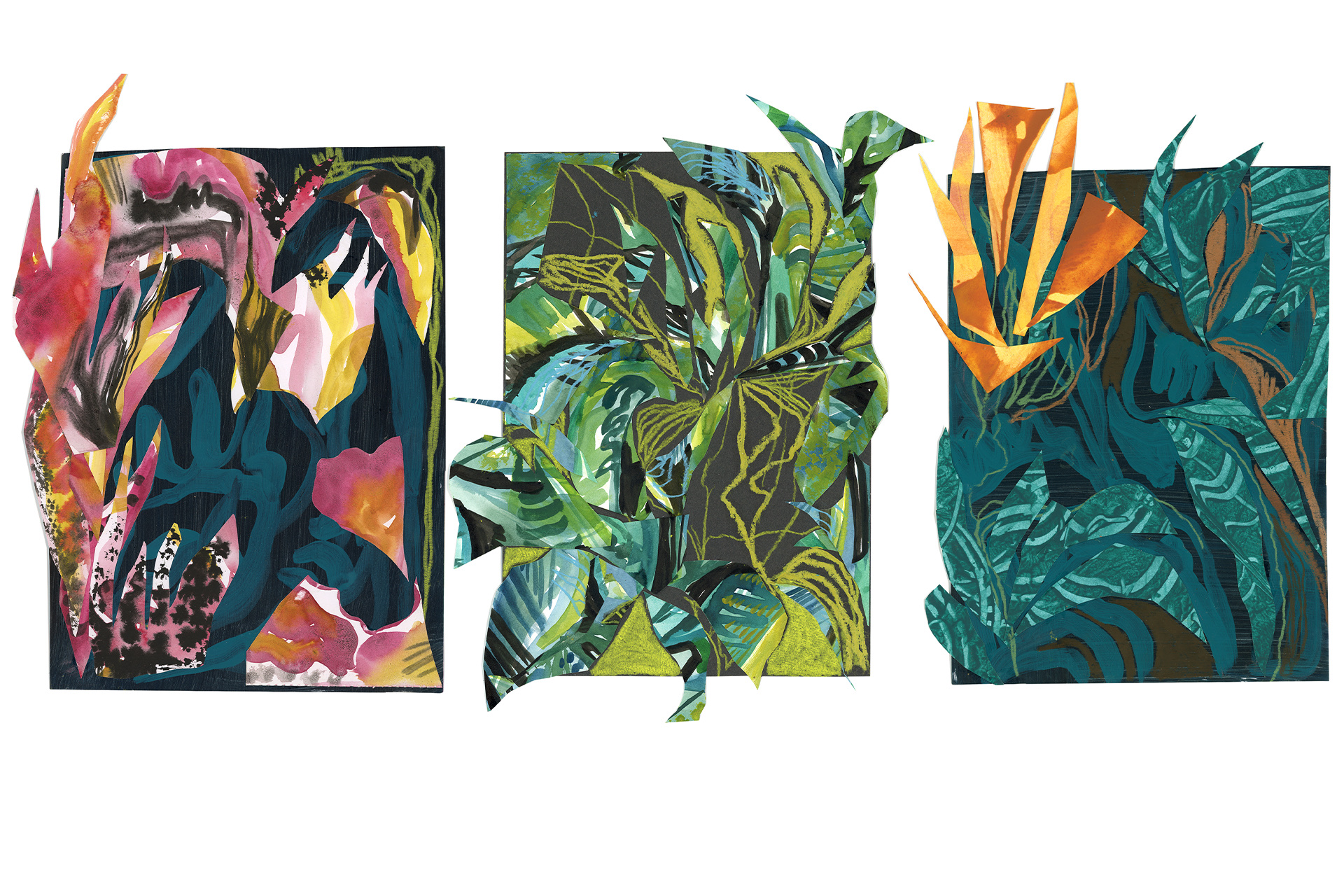 Three small collages in pink, green, orange and blue