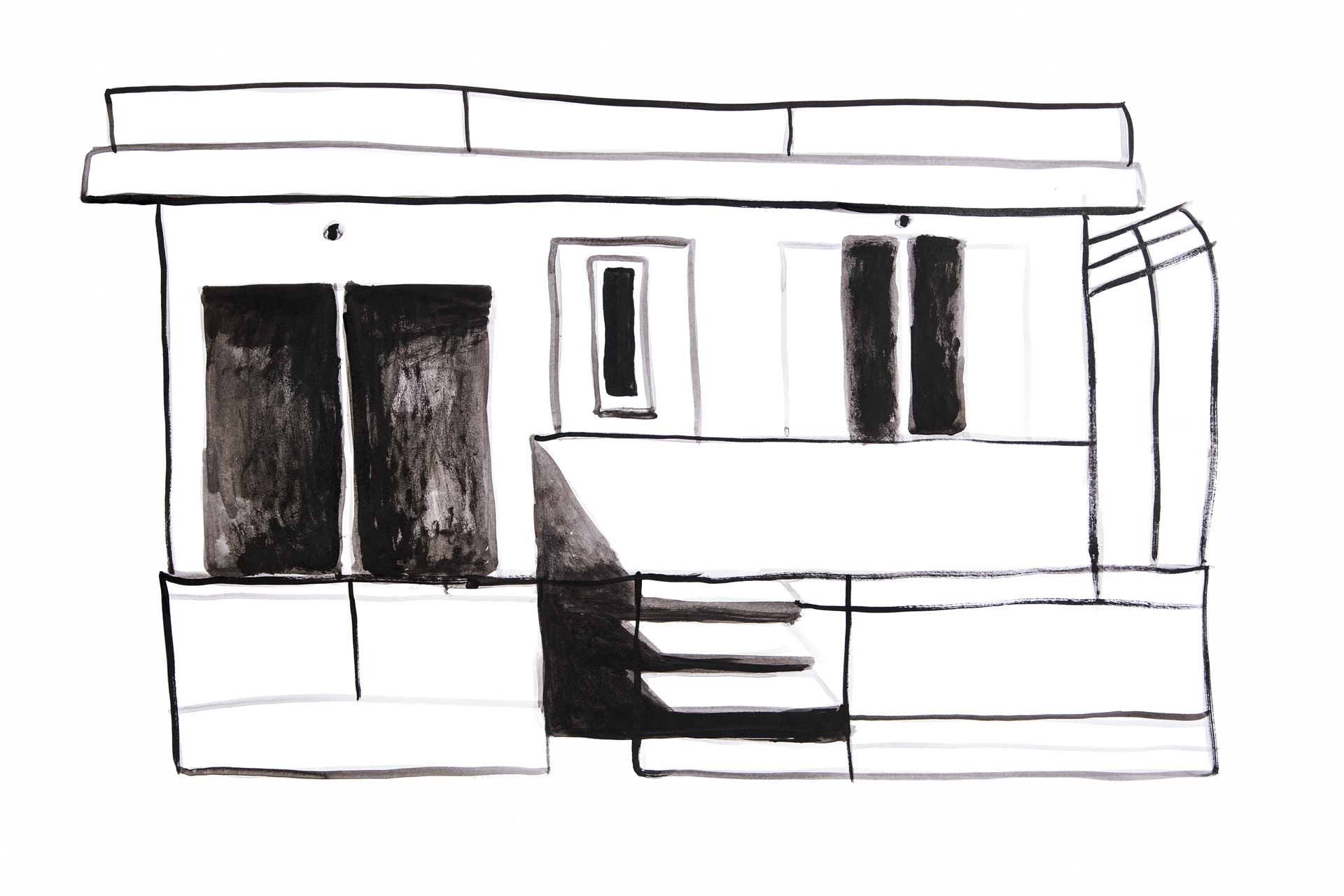 Drawing of the front of a house, done with black ink on white paper.