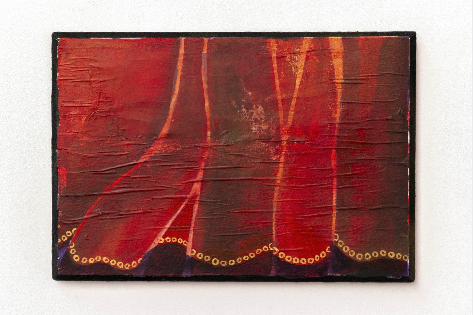Ink painting of a red curtain with a gold trim. Made on paper (slightly crinkled) with a narrow black frame 
