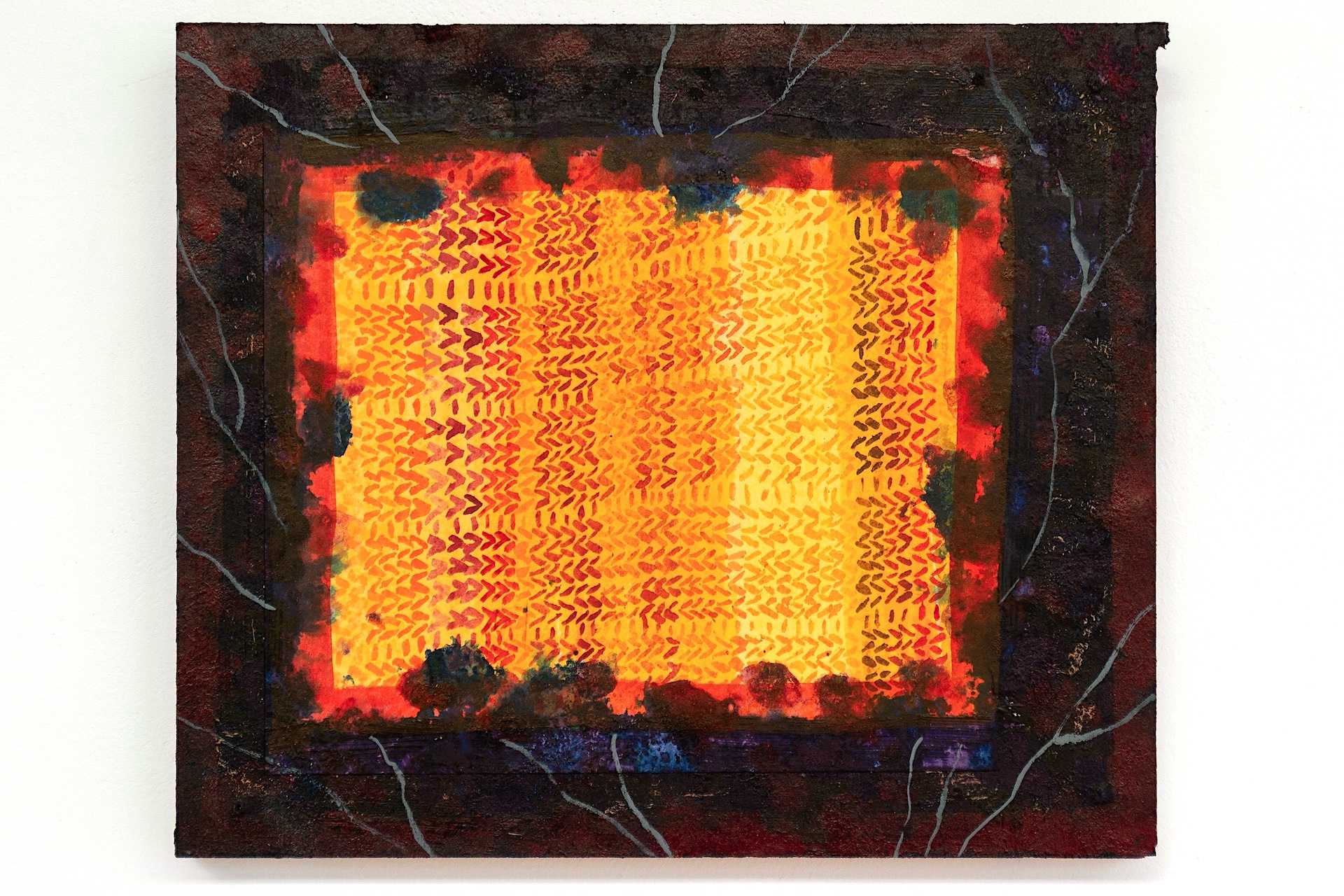 Dark purple painted frame. Within the frame is an ink painting of a knitted pattern which is bright orange and yellow. 