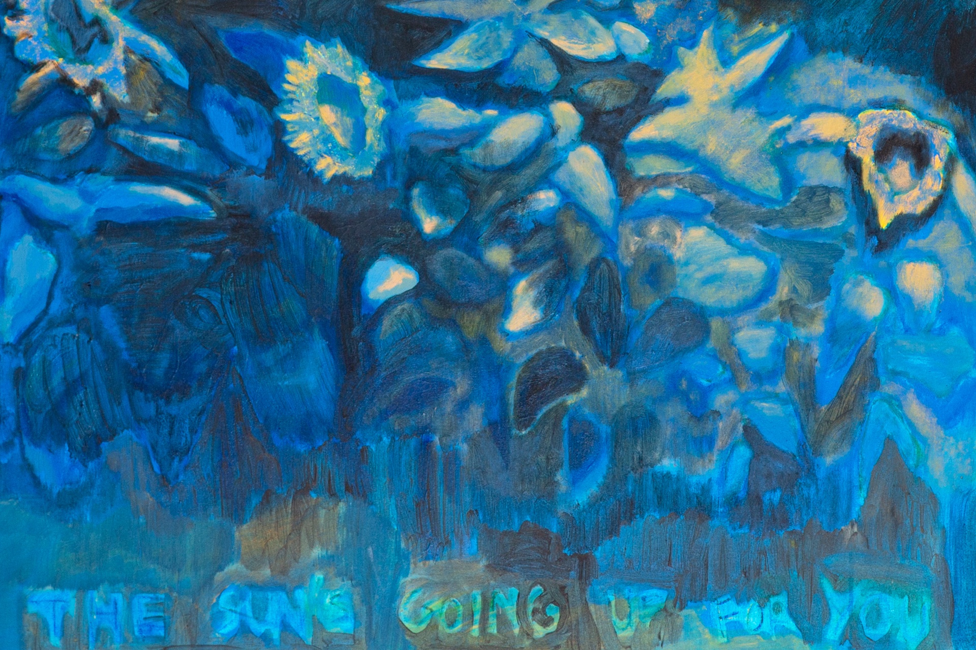 a close up of painting 'small memories', depicting sunflowers in darkness. text at bottom reads 
