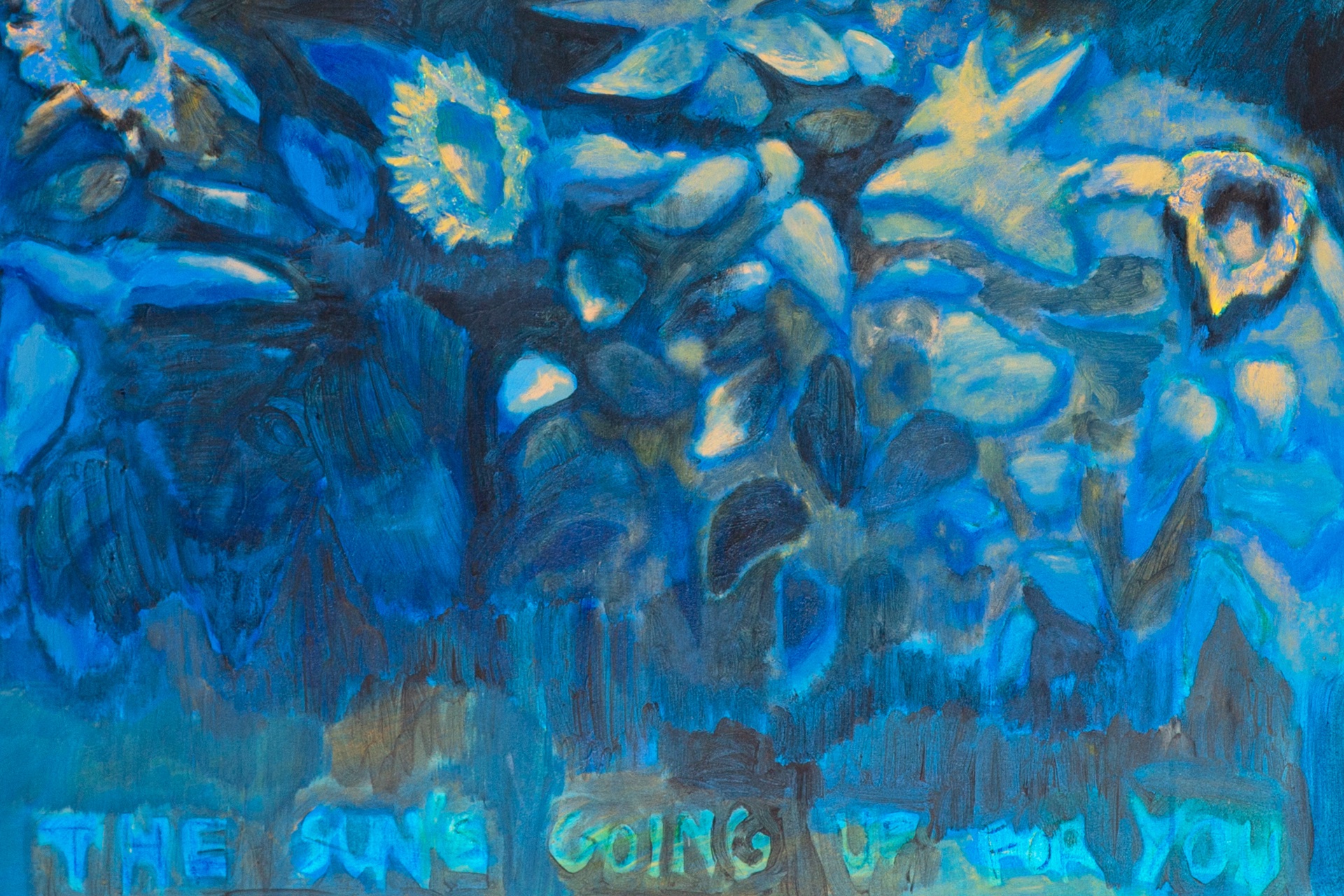 a close up of painting 'small memories', depicting sunflowers in darkness. text at bottom reads 