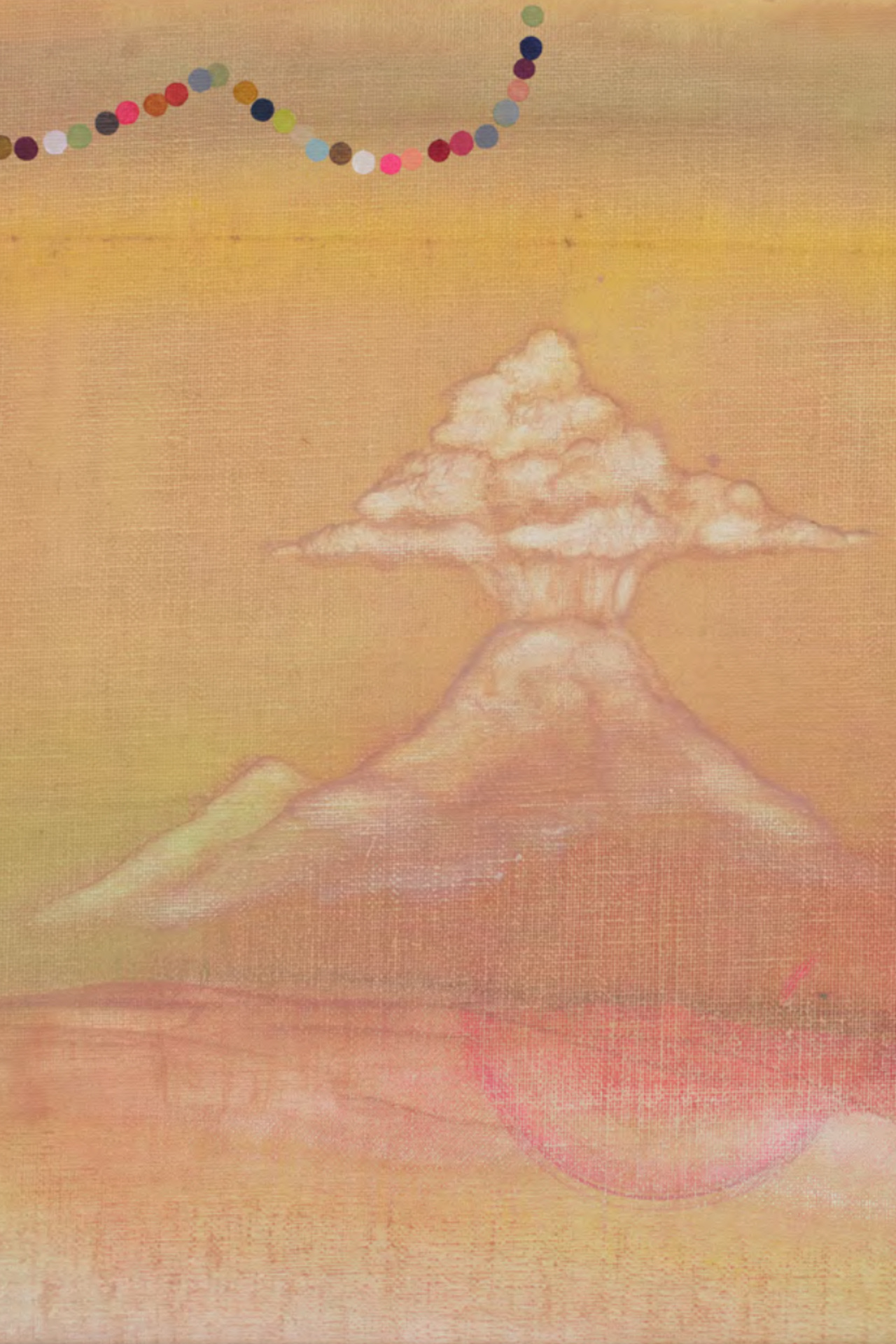 A painting with a mushroom cloud in the center and coloured dots forming a rounded W-shape in the upper left.