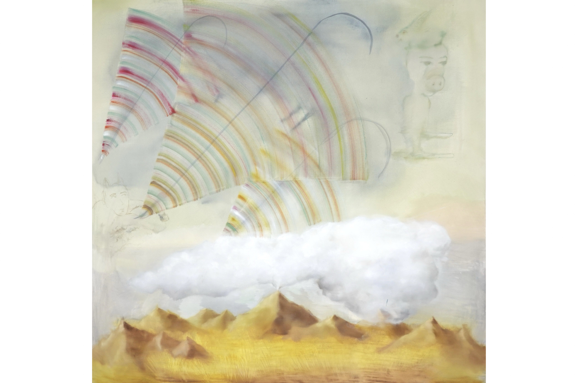 Kiss Kiss Bang Bang 	A landscape painting with mountains, a cloud, rainbow arches, and faint figures on the sides.