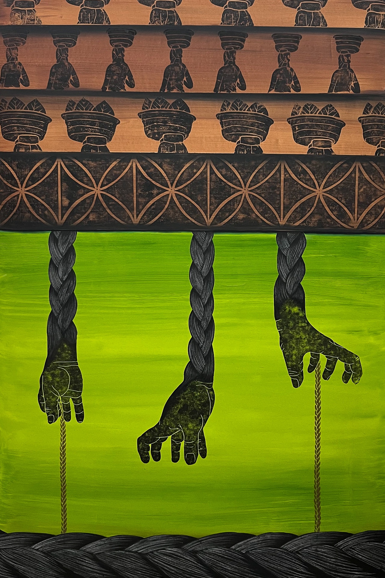 A painting showing three translucent black hands on braids reaching down towards a horizontal braid. Above are alternating wooden panels showing a woman walking with an empty basket on her head then returning with leaves in the basket.