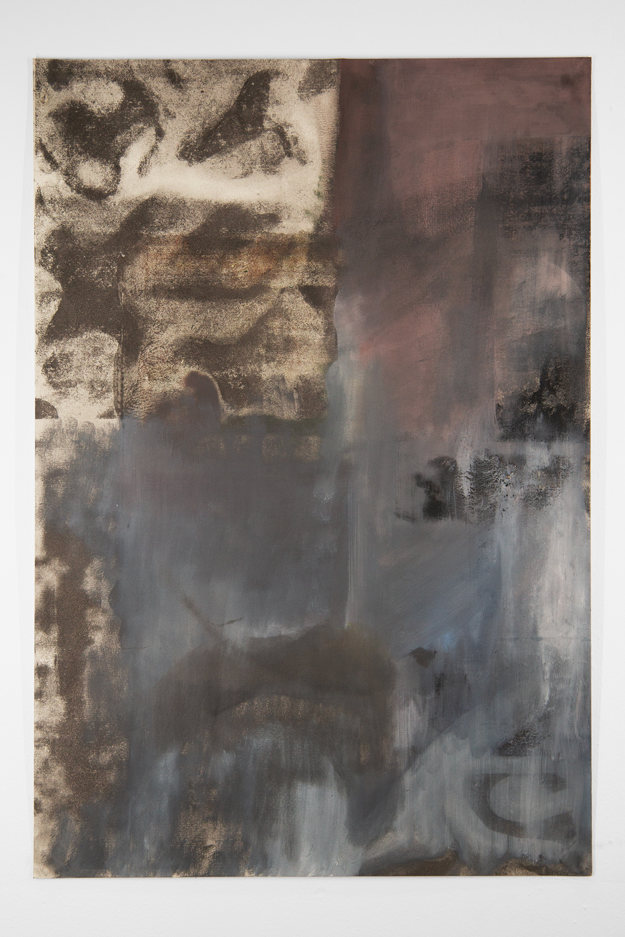 Photograph of an abstract painting on paper. The painting is brown and white in the top left section and primarily blue and purple in the rest of the image. The strokes are gestural and the darker layered marks can be seen beneath the top ones.