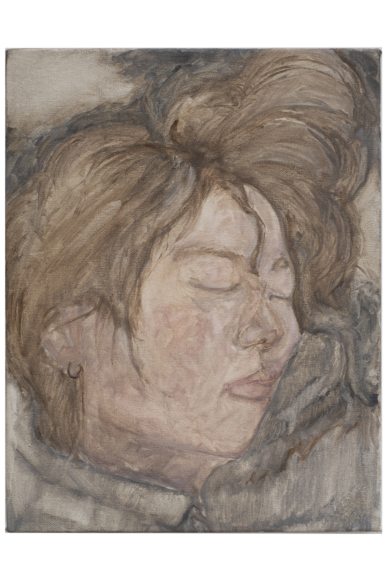 An oil painting of a figure in grey clothing sleeping