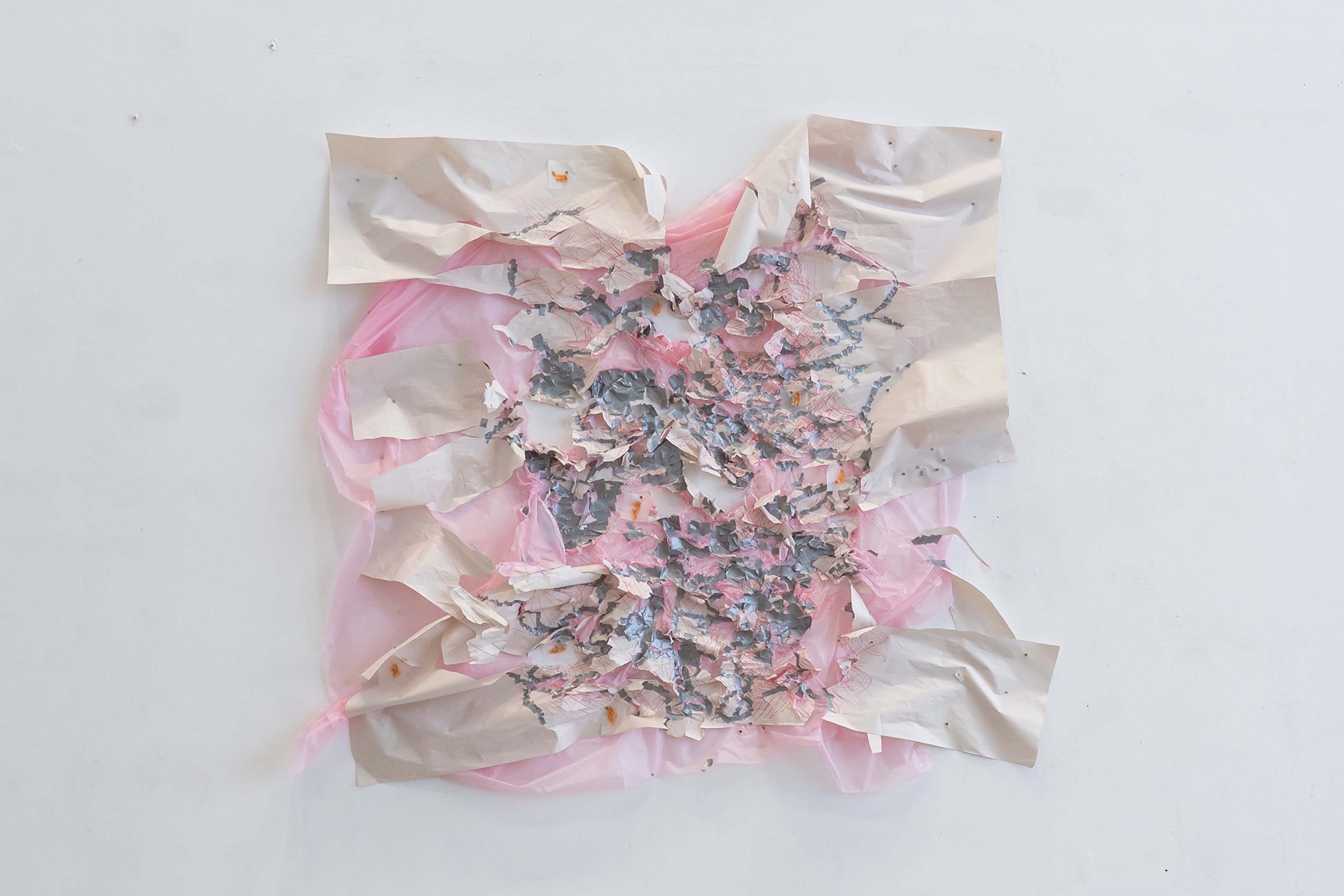 Untitled (2026). Ink, duct tape, glassine, prosthetic wax, magnets, PEVA sheet, newsprint. 170x150cm.