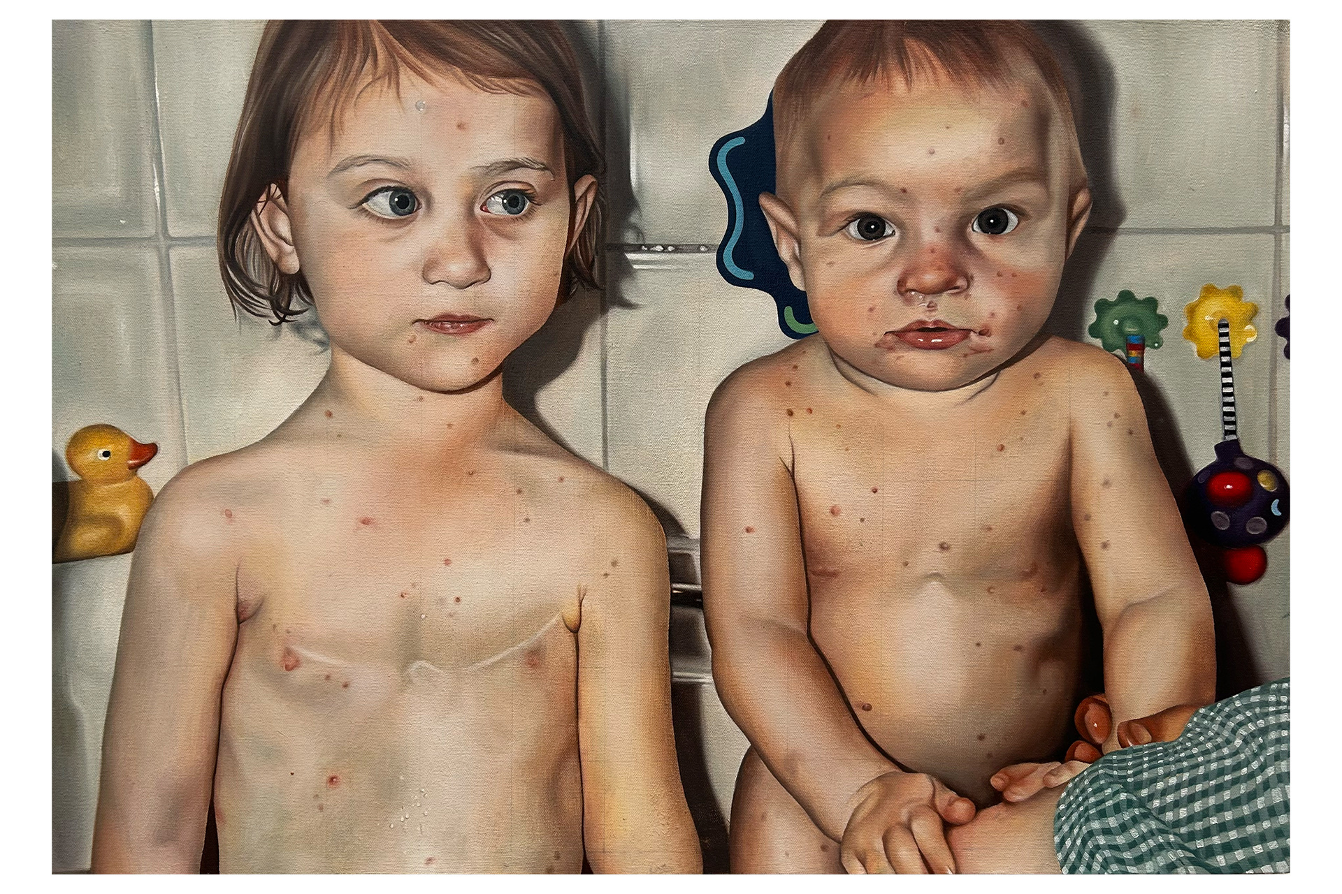 A double portrait of two children in the bath with chicken pox and bath toys on the tiled walls. Painted on canvas with oil paint.