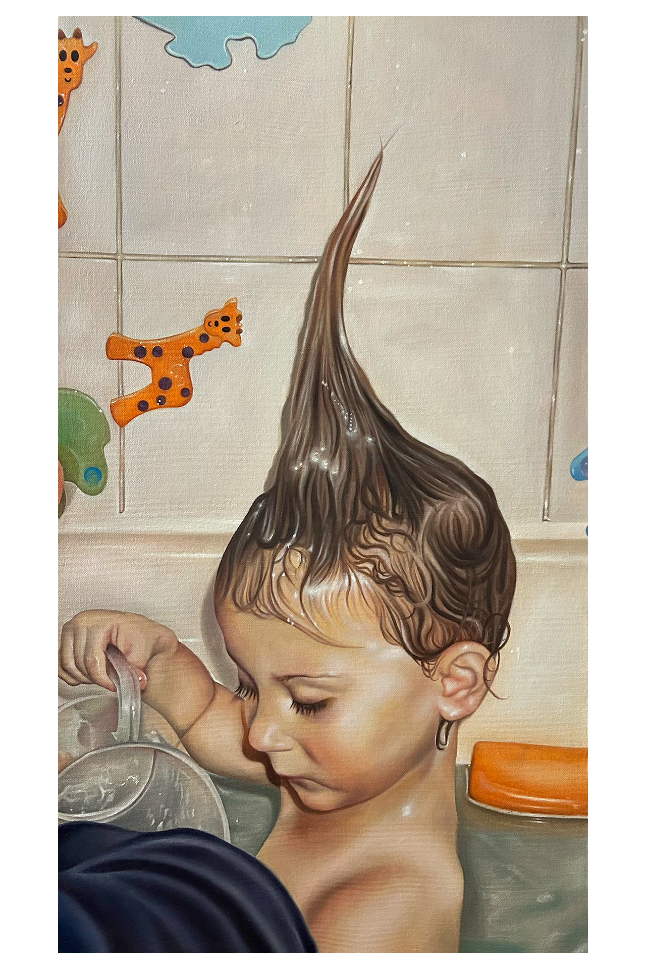 A portrait of a child pouring a jug of water in the bath, with hair spiked up into a mohawk. There are bath toys (giraffes) on the tiled walls. Painted on canvas with oil paint.