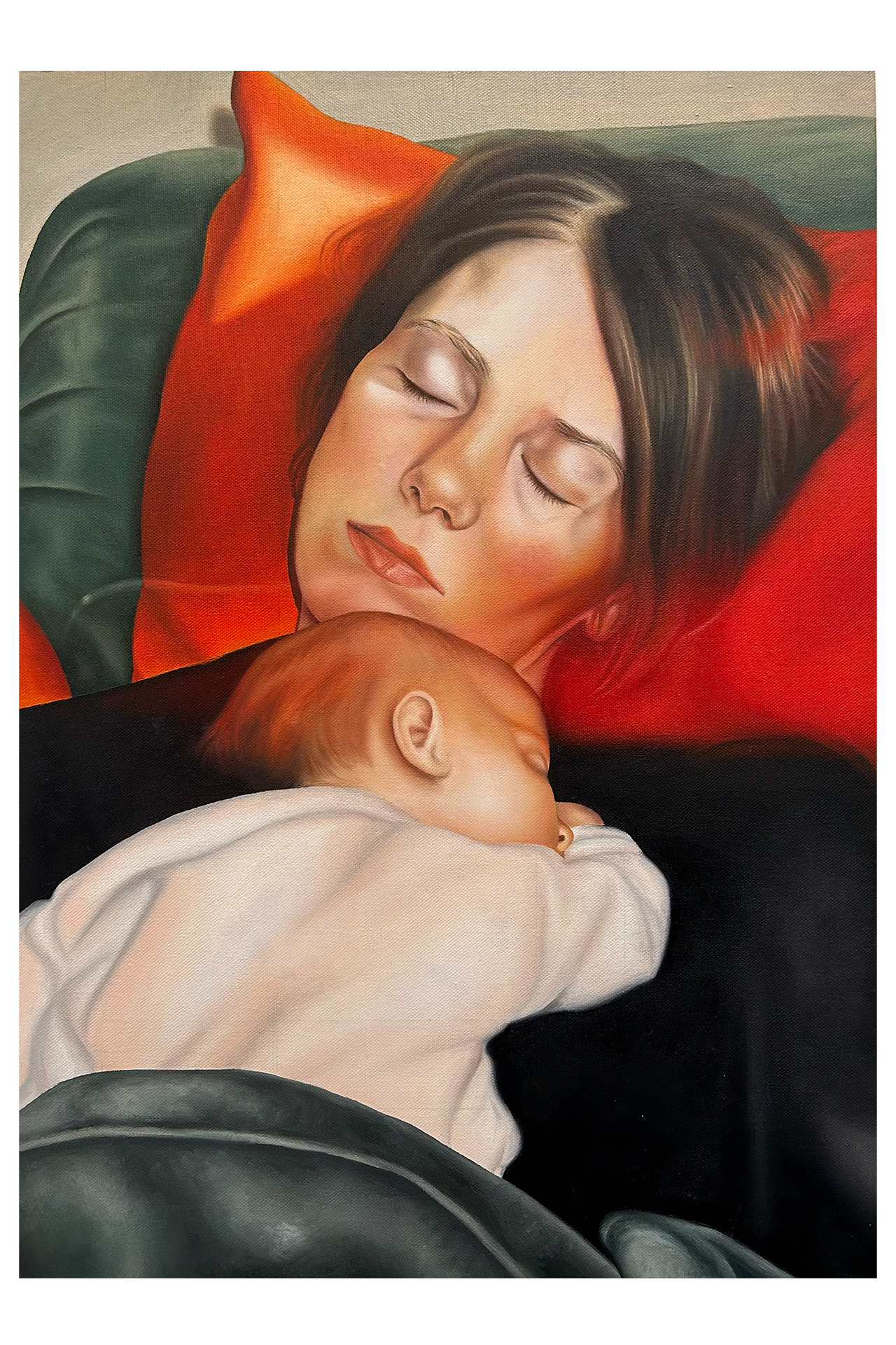 A portrait of a mother asleep, holding her newborn baby. She is sat on a green sofa with orange cushions and a beam of red light glares through the painting. Painted on canvas with oil paint.