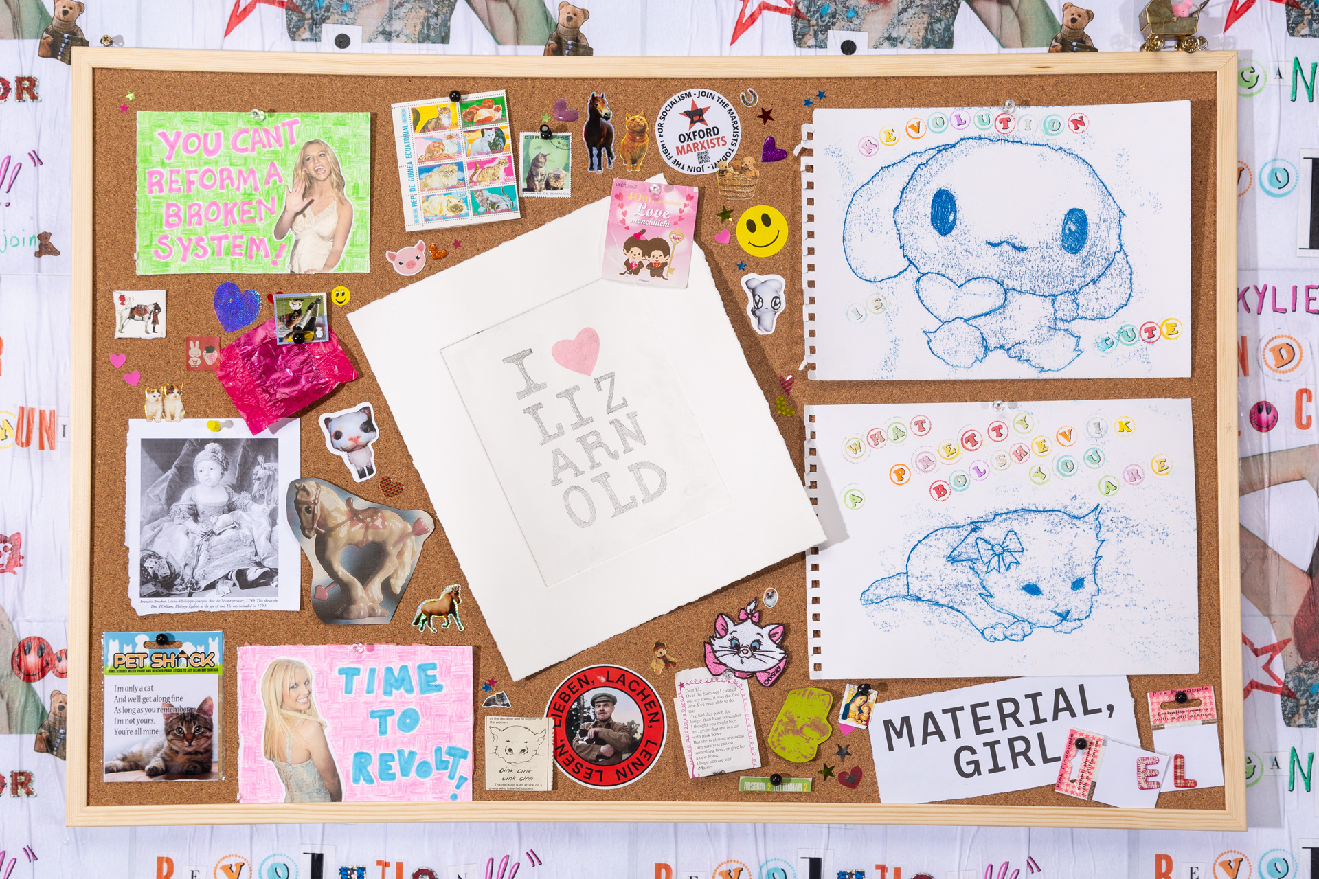 A pinboard decorated with cutesy stickers and artworks featuring Britney Spears and Cinnamoroll.