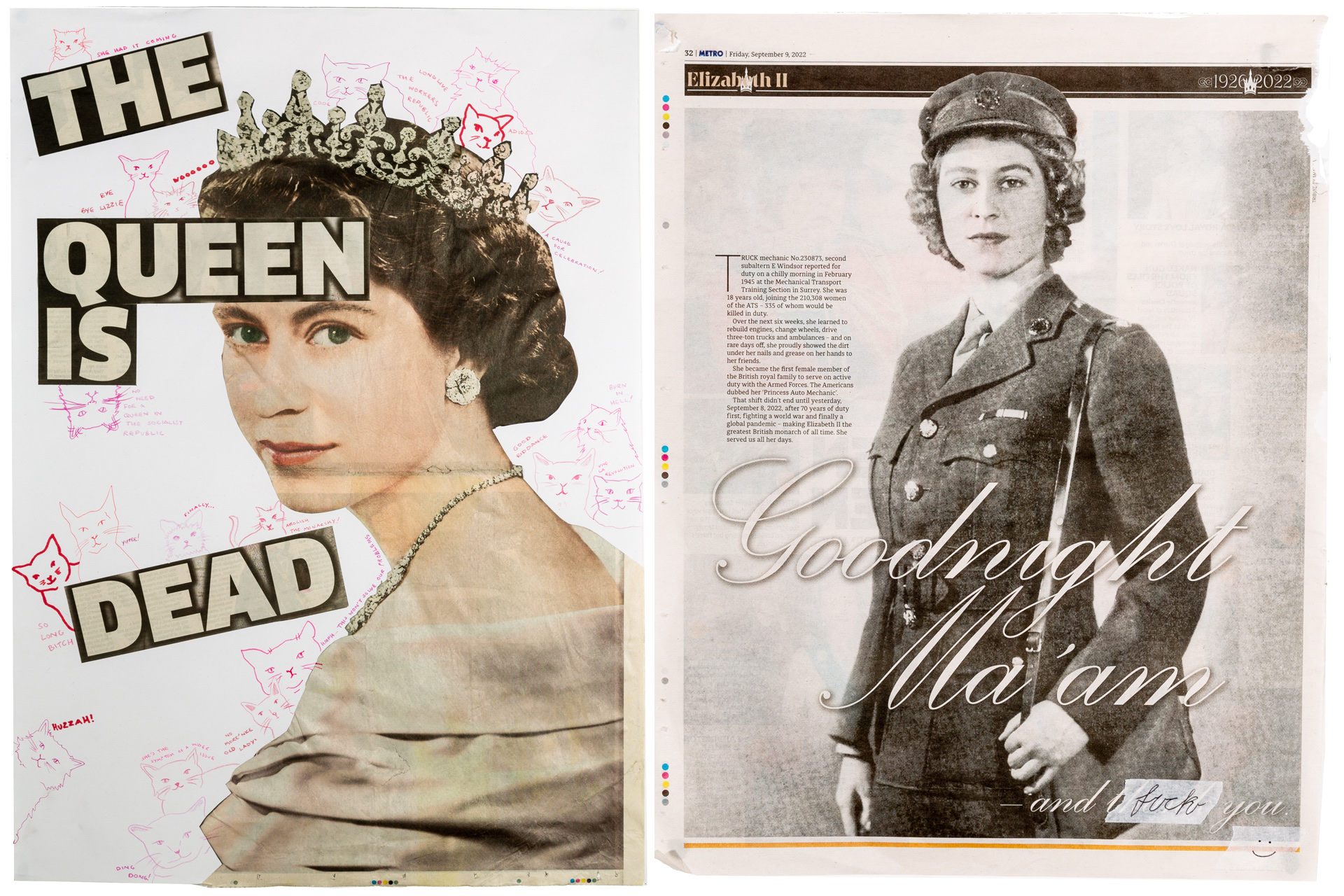 Two defamatory collages of Queen Elizabeth II featuring newspaper pages.