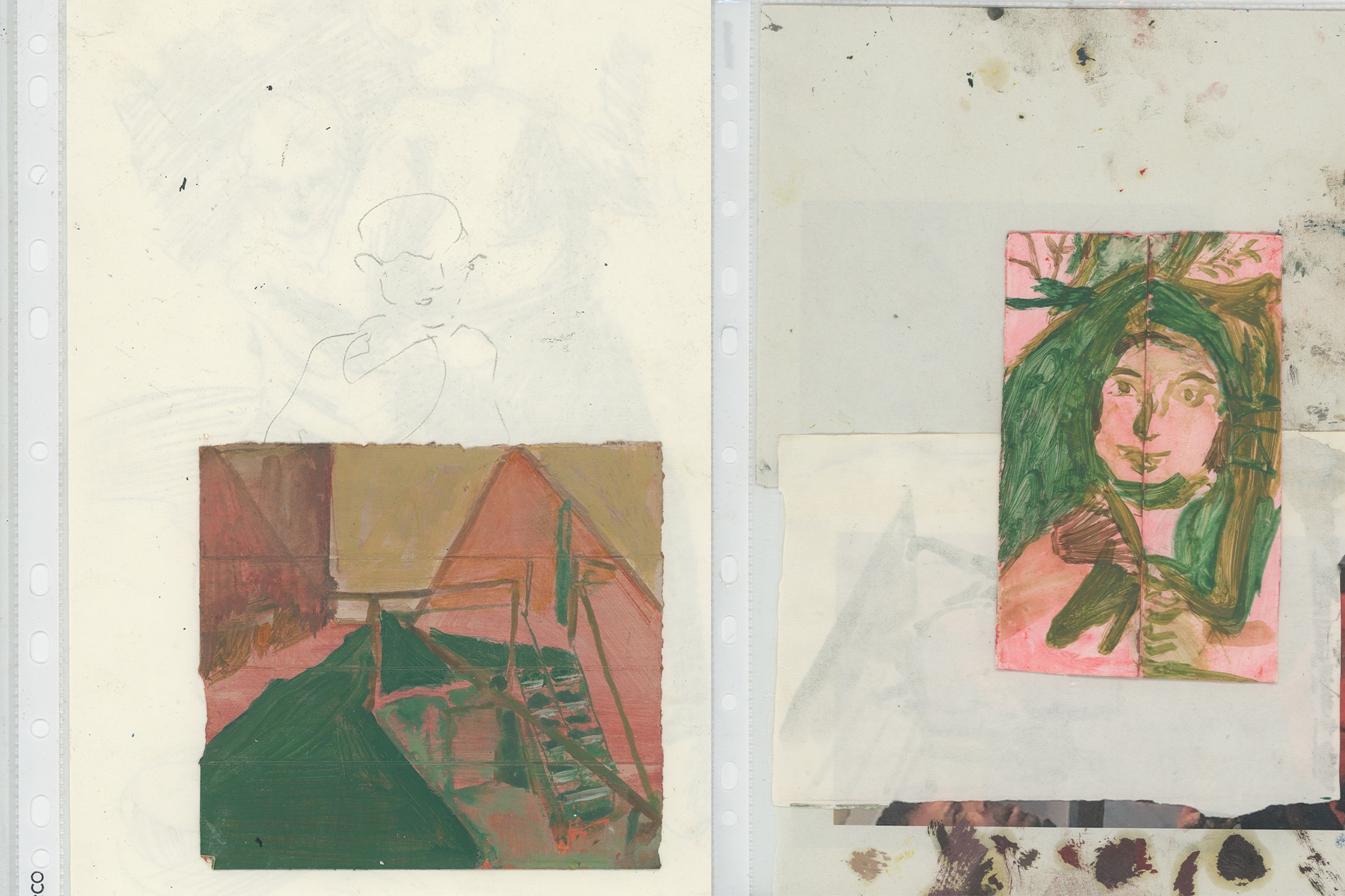Two scans of paintings in folders. Small pink works on paper.