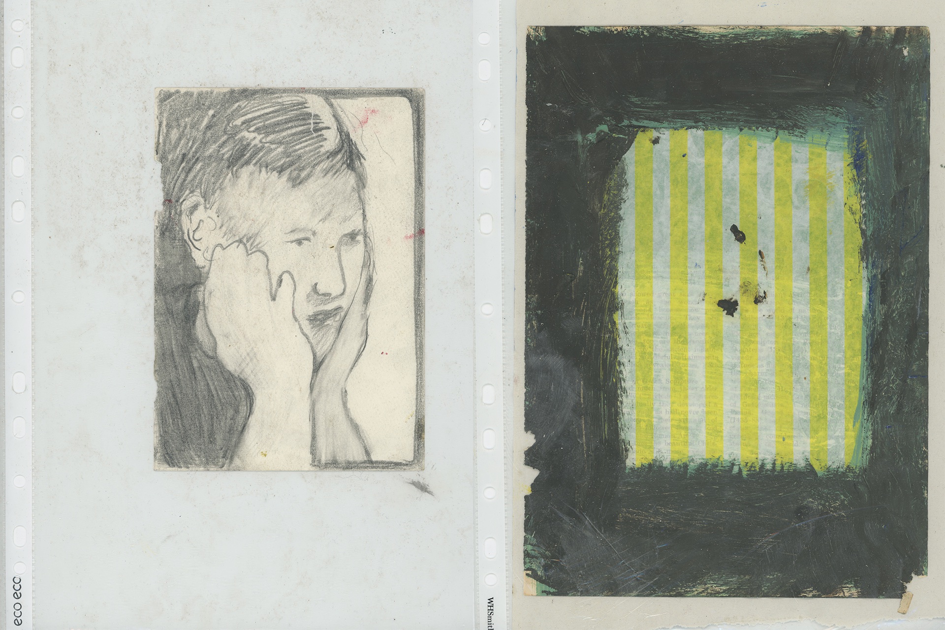 Two scans of works on paper. On the left a portrait of a man with his head in his hands and on the right a painted yellow paper bag with a black and green border.