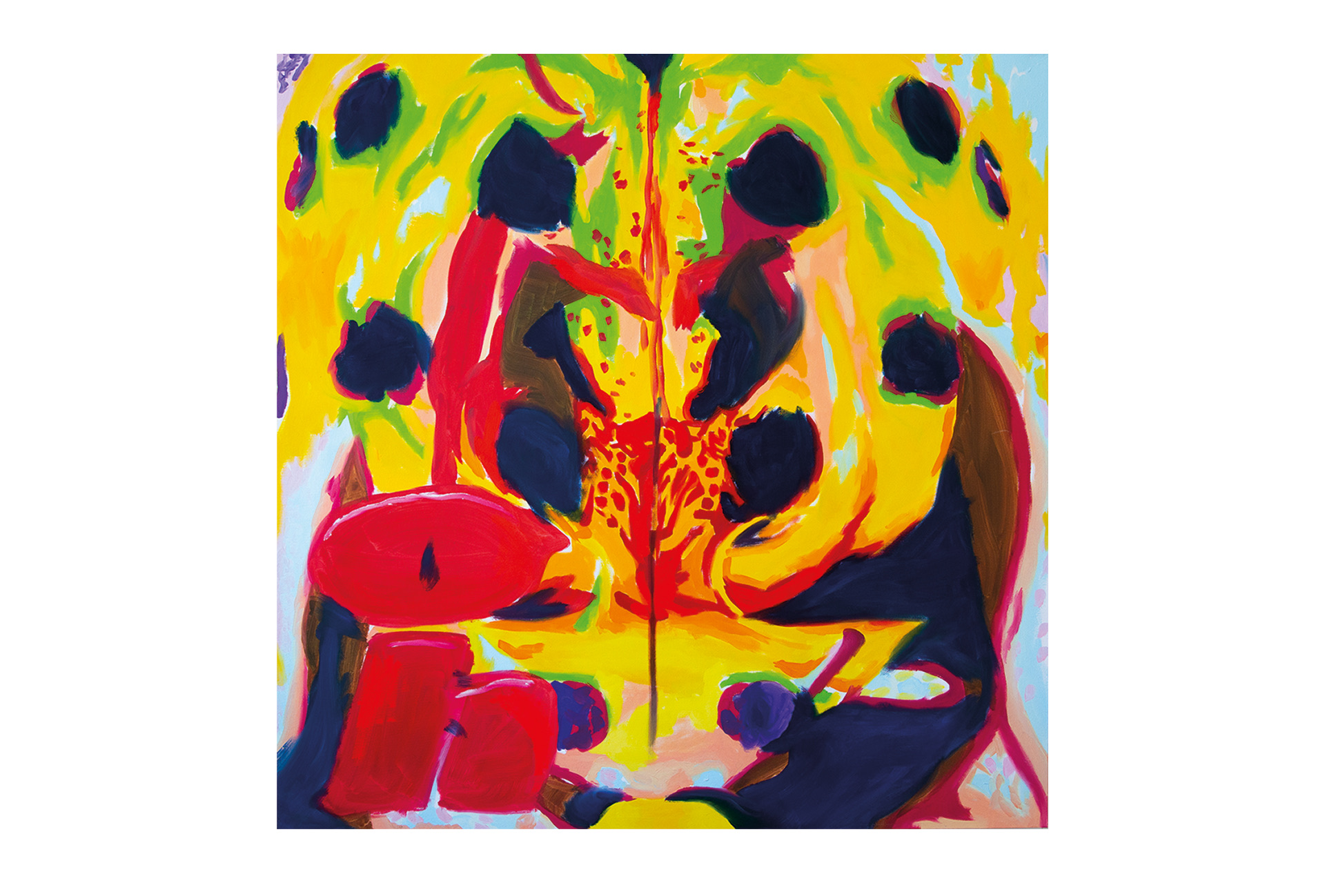 Oil painting on a square canvas. A fusion of a navy bug pattern and a yellow orchid, with 
