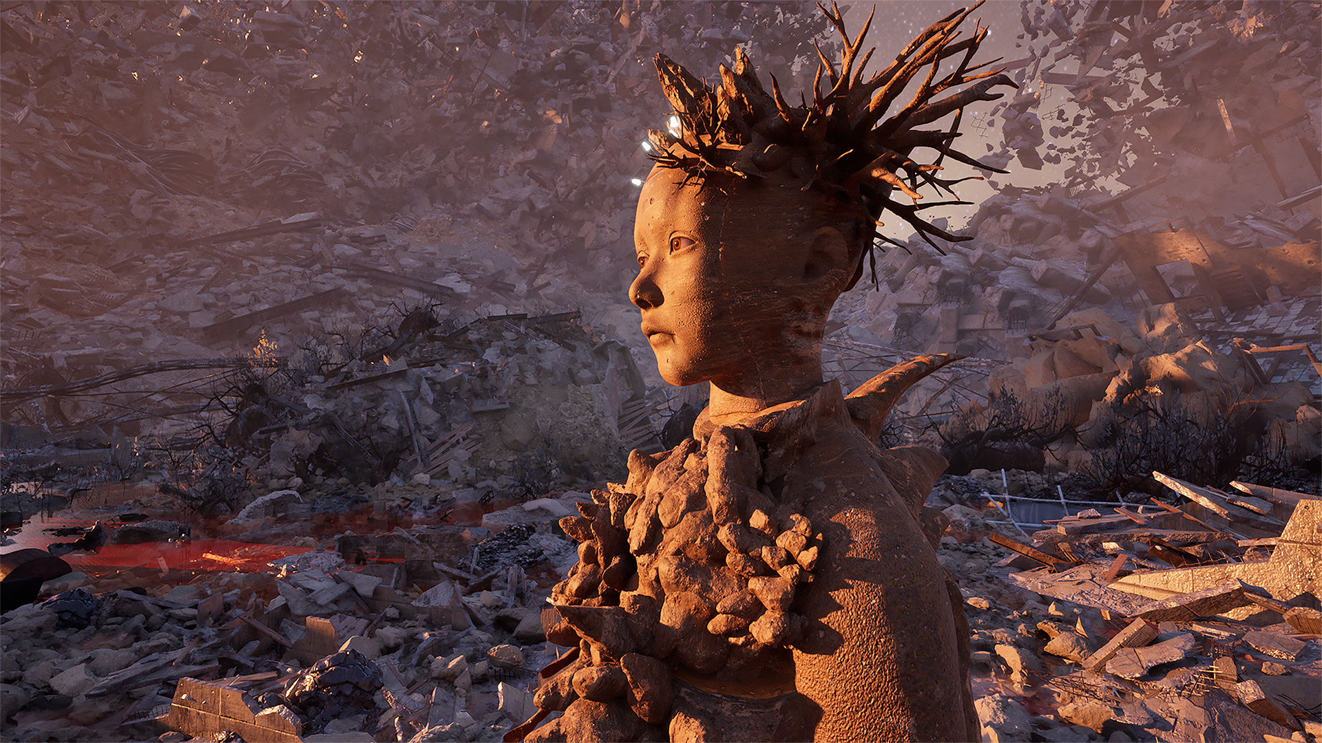 Excerpt from the film 'Lullaby O' The Ruin' (2024, 16min). An orange-hued landscape at sunset featuring scattered ruins. In the middle, a girl with a sci-fi appearance stands among the ruins and looks forward, blending with the remnants of ancient structur