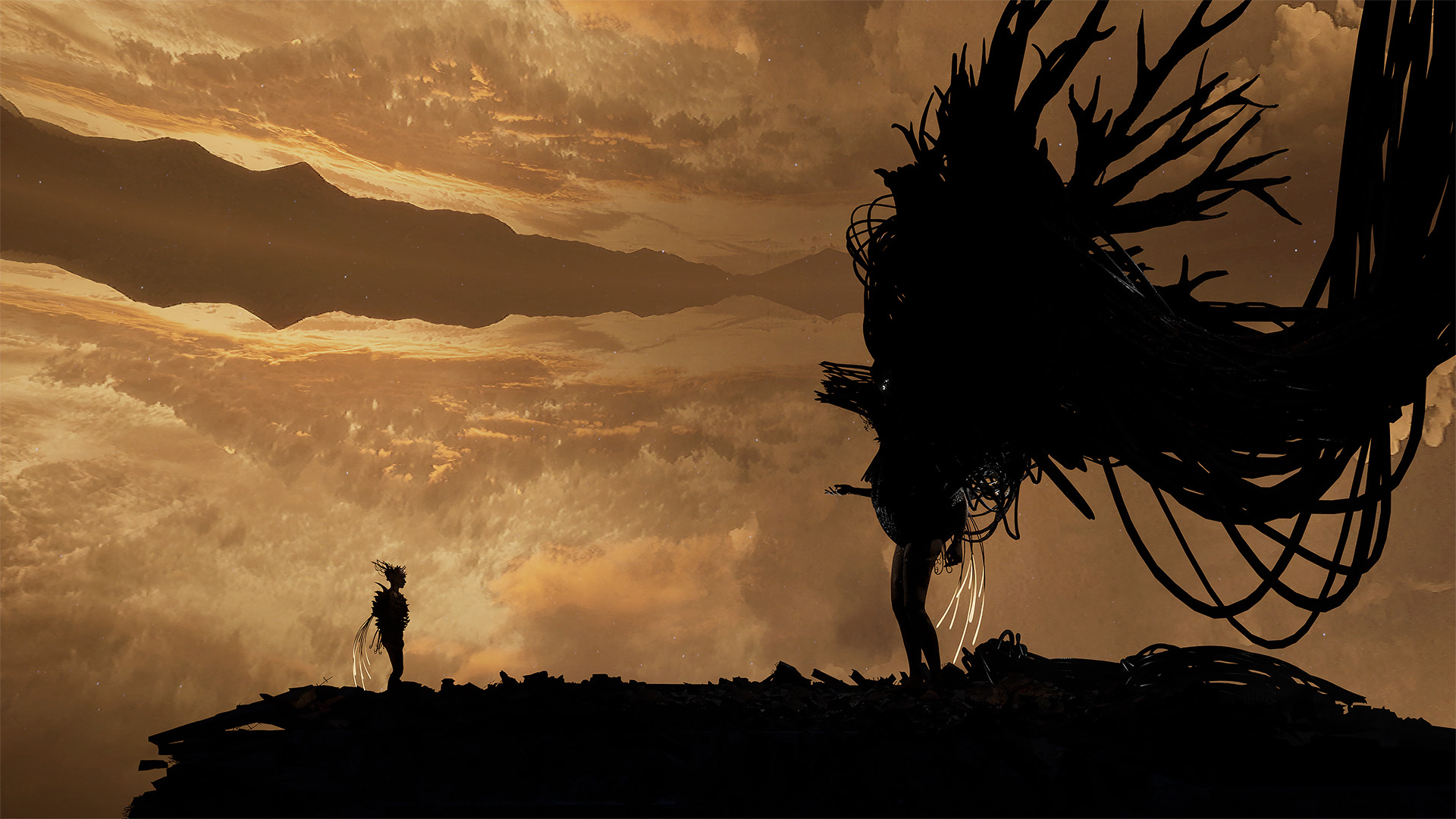 Excerpt from the film 'Lullaby O' The Ruin' (2024, 16min). An orange-hued landscape at sunset featuring a cloudy sky. On the left, a girl with a sci-fi appearance stands among the ruins and looks forward. On the right, a giant monster connected to wires fr