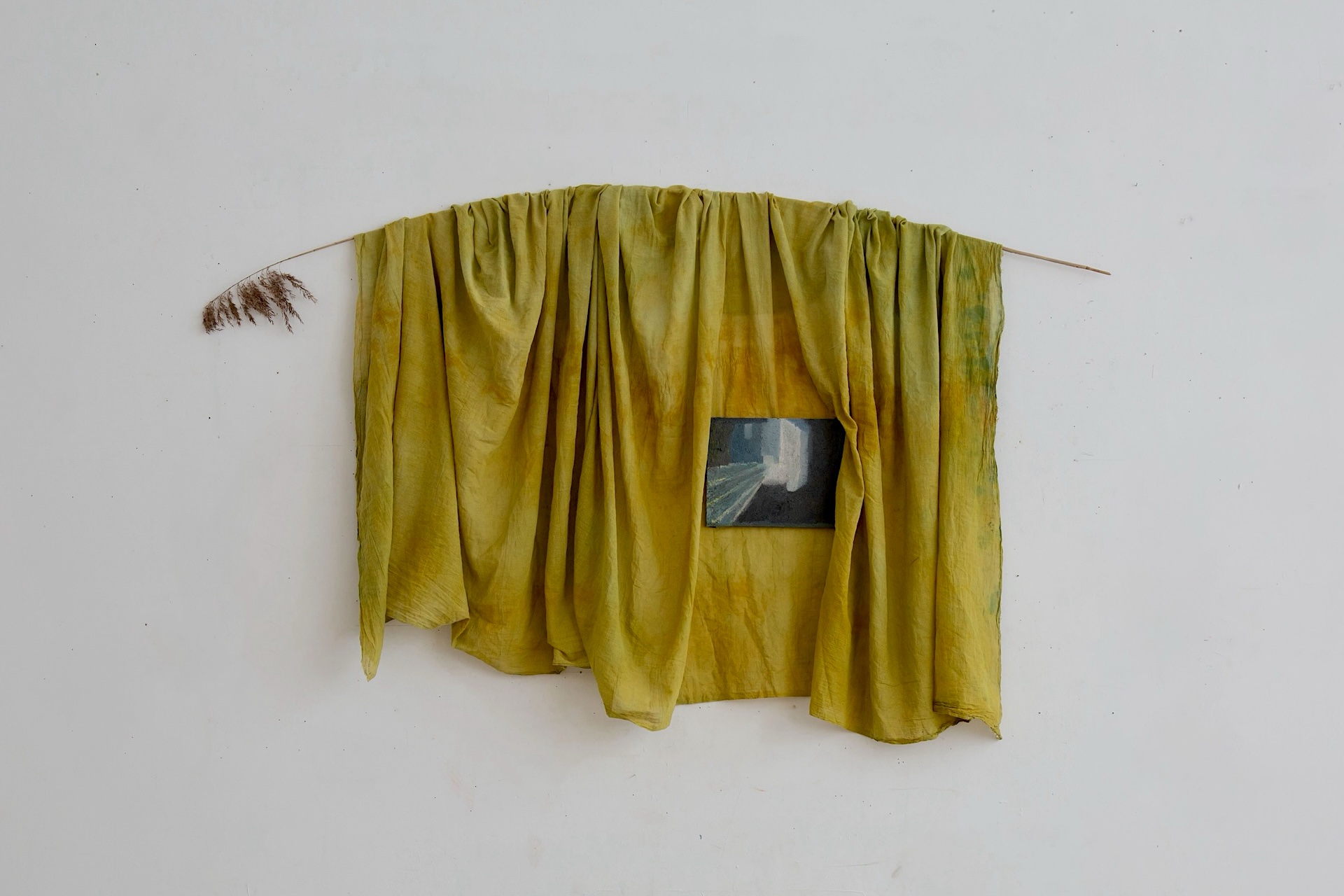 Installation of naturally dyed muslin and painting 