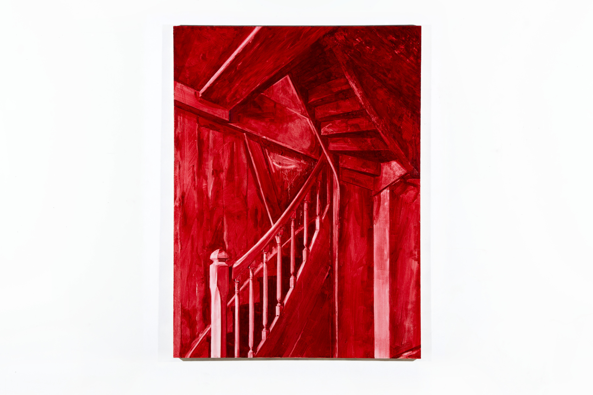 A red painting of a staircase made with crimson oil paint that has been wiped away from a white gesso surface.