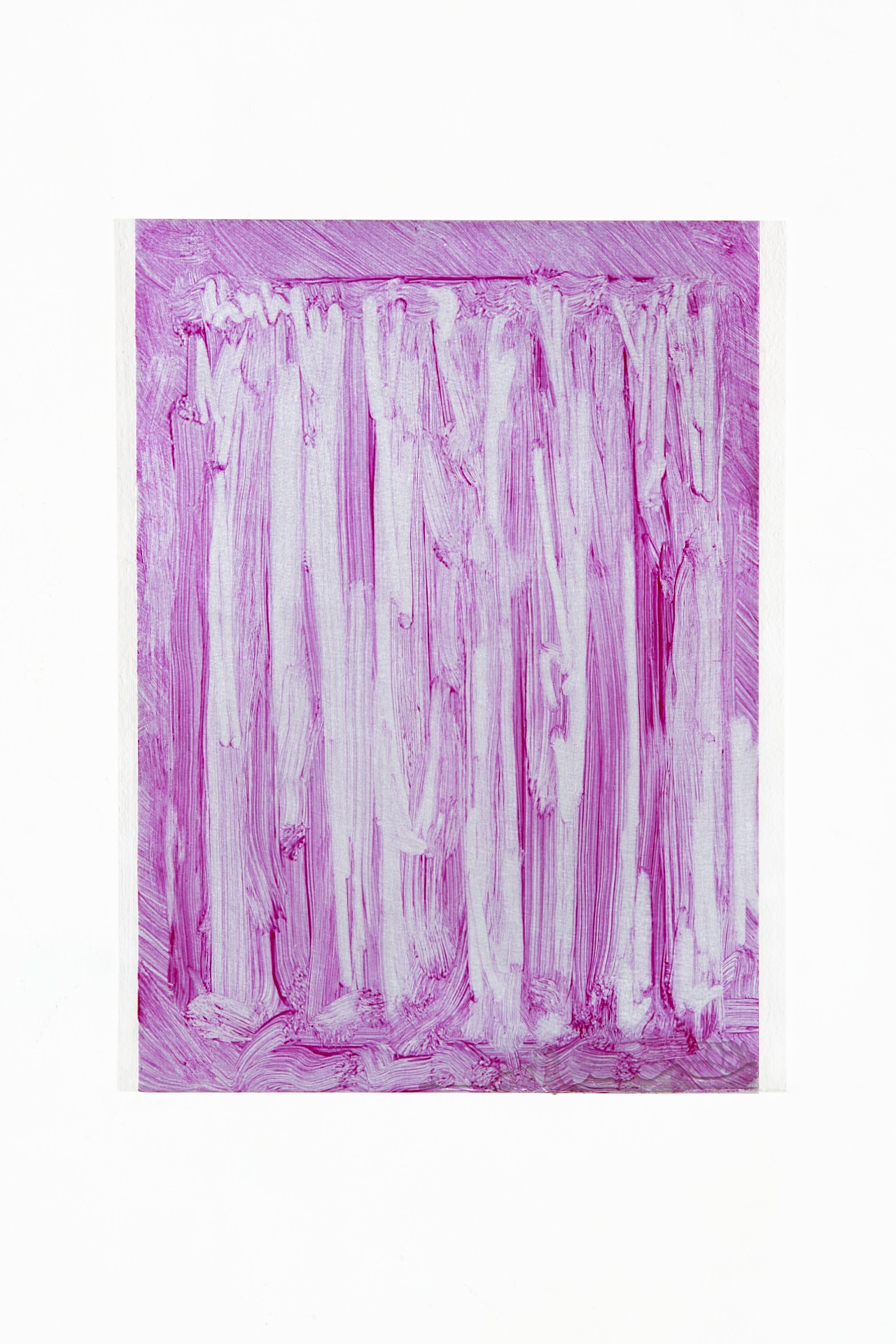 A painting of closed curtains in magenta paint that has been wiped away from an aluminium panel.