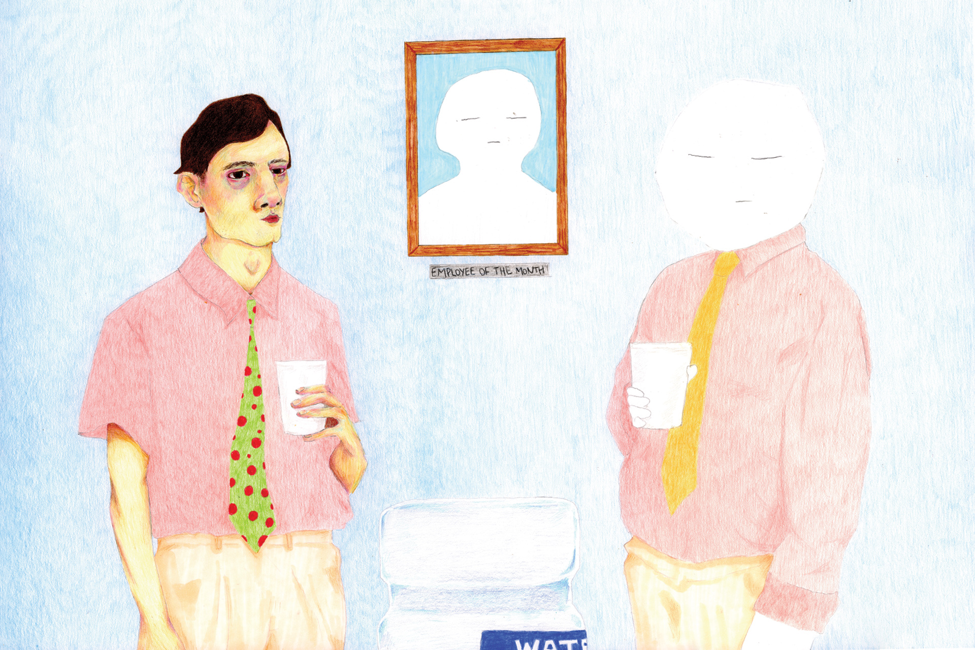 A colour pencil drawing of two figures, a man on the left and a faceless figure on the right, both dressed in business attire.