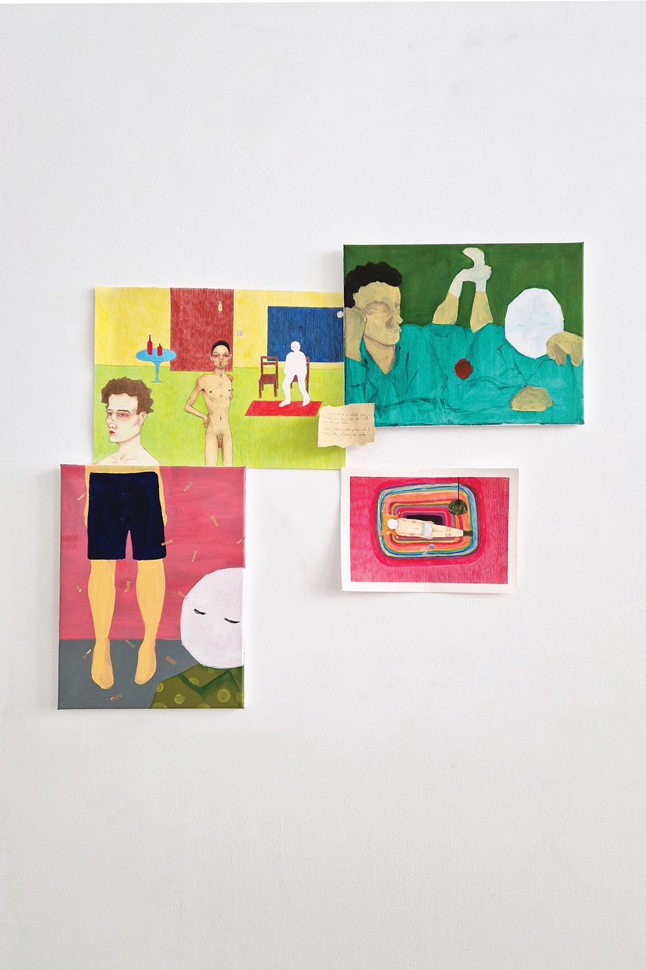 A constellation of drawings, paintings and text about an awkward evening.