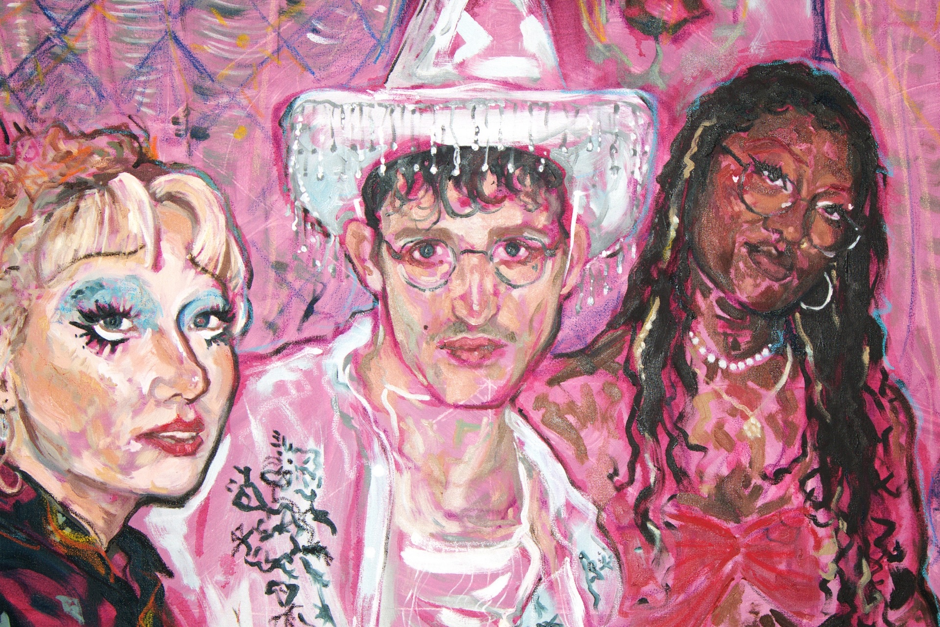 An oil painting of three figures in vibrant outfits against a bright pink background