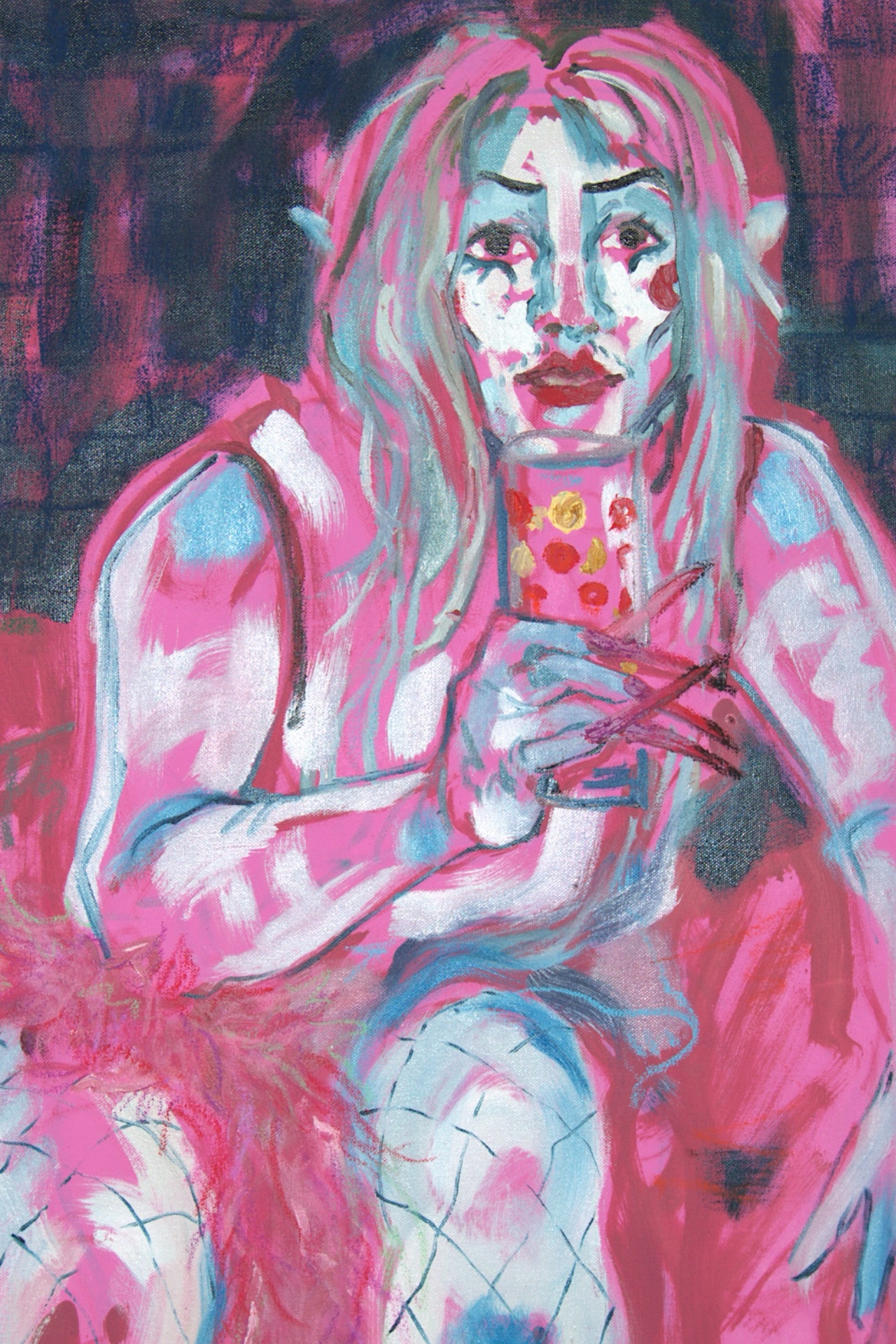 A garish, pink and blue oil painting of a drag performer sat holding a glass.