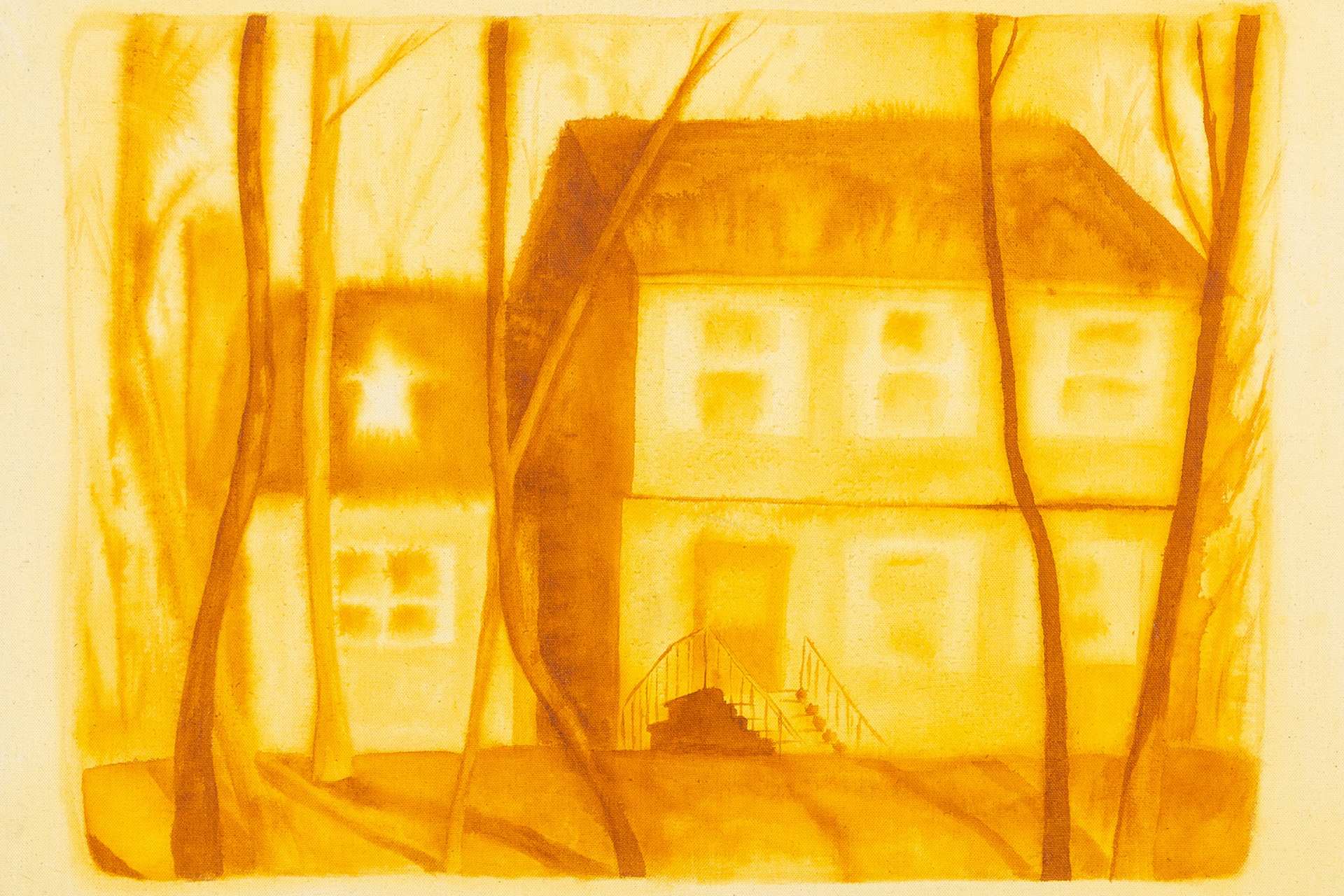 monochrome yellow ink painting of house