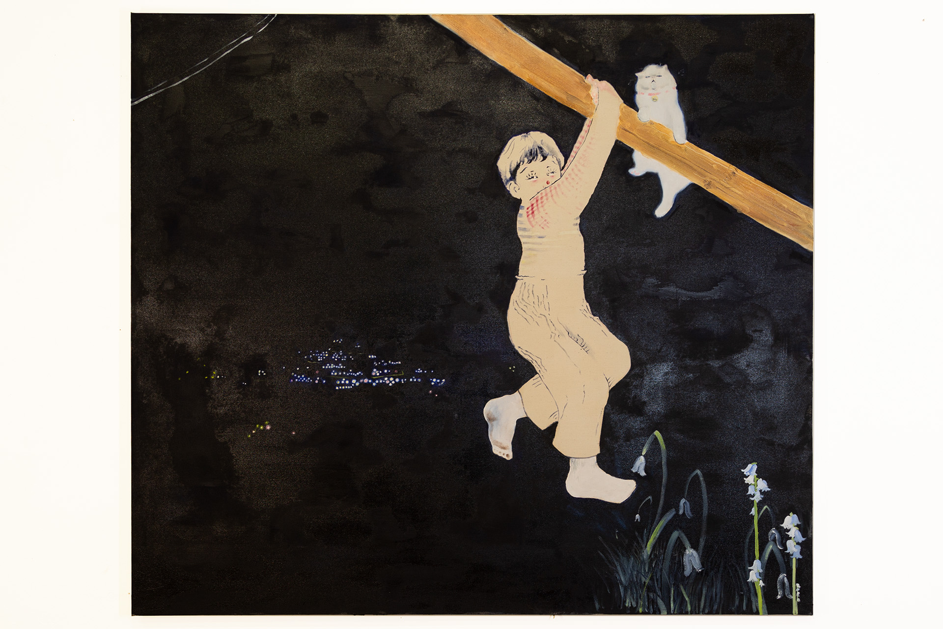 This painting depicts a figure clinging to a slanted wooden utility pole. The figure is wearing a striped black and white shirt with red gingham sleeves. They are wearing striped trousers and their legs are kicked out under them. Next to the figure, clingi