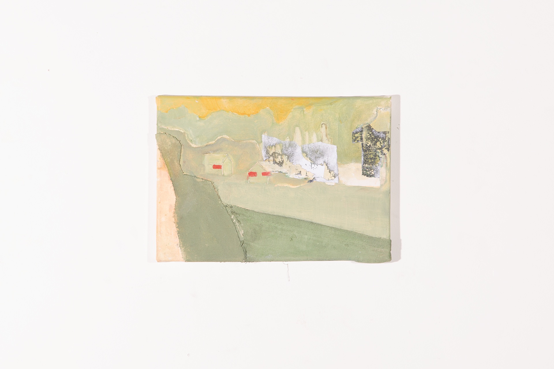 Green canvas with yellow and red highlights. An ambiguous image of a train scene, featuring mixed medial approaches. 
