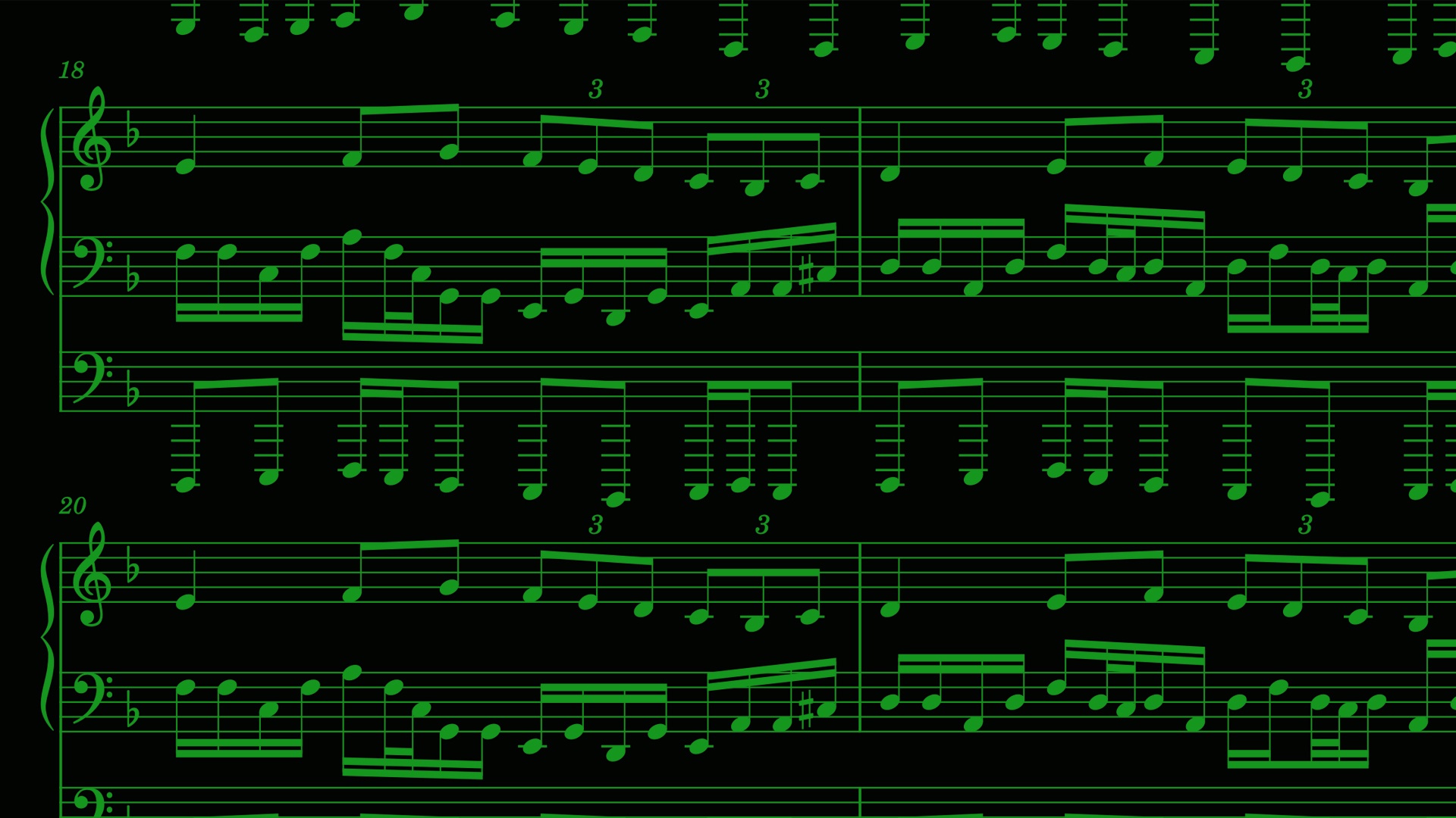 Several lines of sheet music. The music is in bright green, on a black background.