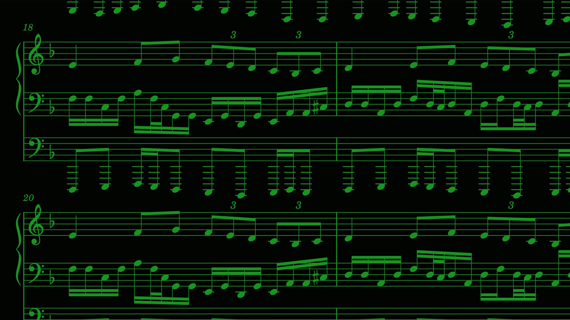 Several lines of sheet music. The music is in bright green, on a black background.
