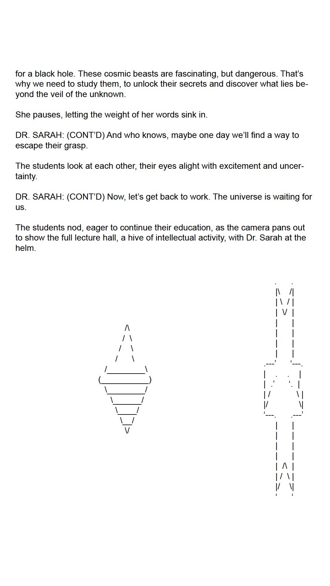 An excerpt of a typed drama script. Towards the bottom of the page are two abstract ASCII illustrations.