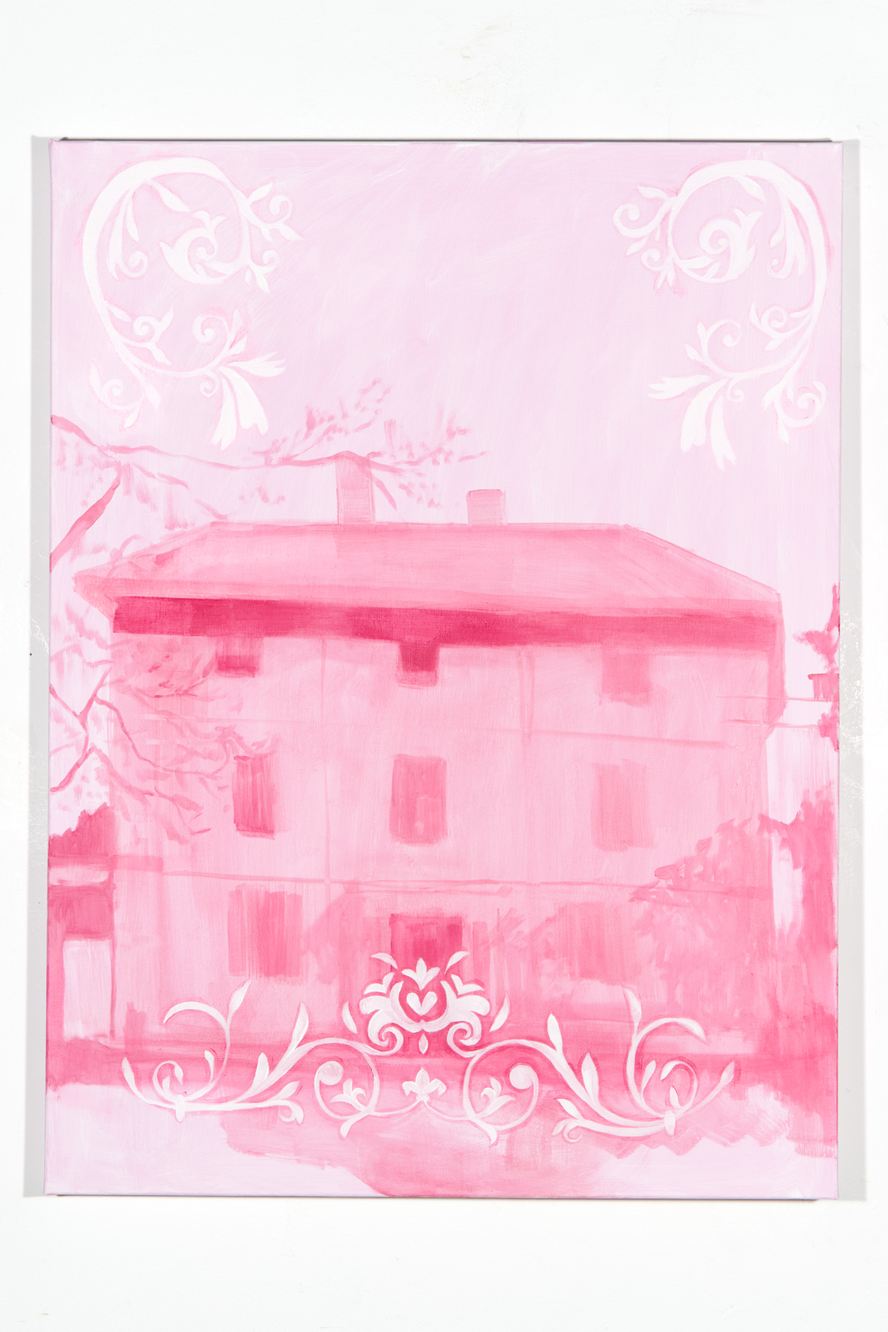 An oil painting of a front on house with white ornamental details painted along the bottom and top corners of the canvas. The piece is painted in tones of vibrant rose. The style is bold brush strokes contrasting with the detailed and carefully painted orn