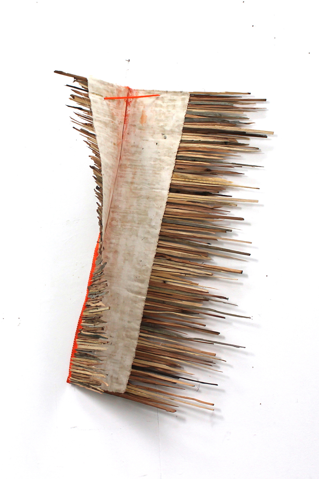 A hinged expanded painting made from splintered fish crate, acrylic on canvas, whipping twine; 122 x 92 x 45 cm; 2026