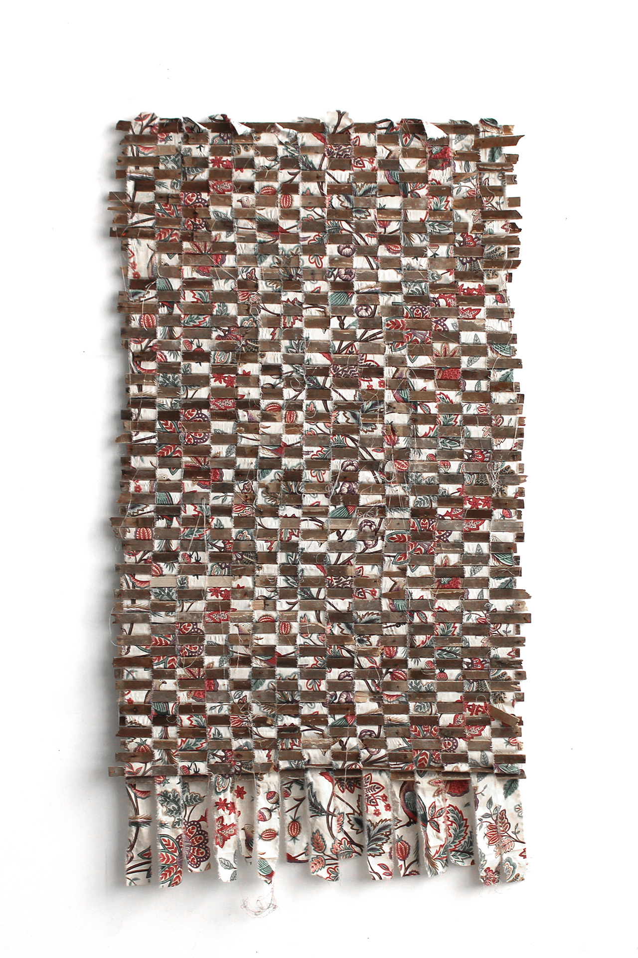Strips of chintz woven with reclaimed laths; 200 x 100 x 2cm; 2026