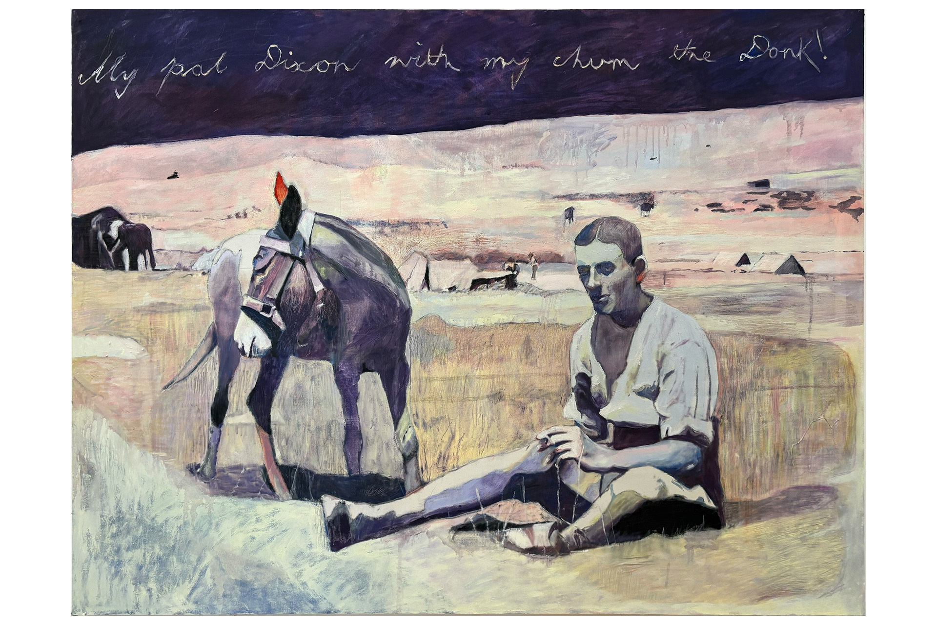 A First World War serviceman sat in the sand next to a donkey, rendered in pastel colours and deep purples, scratched through to reveal the layered approach.